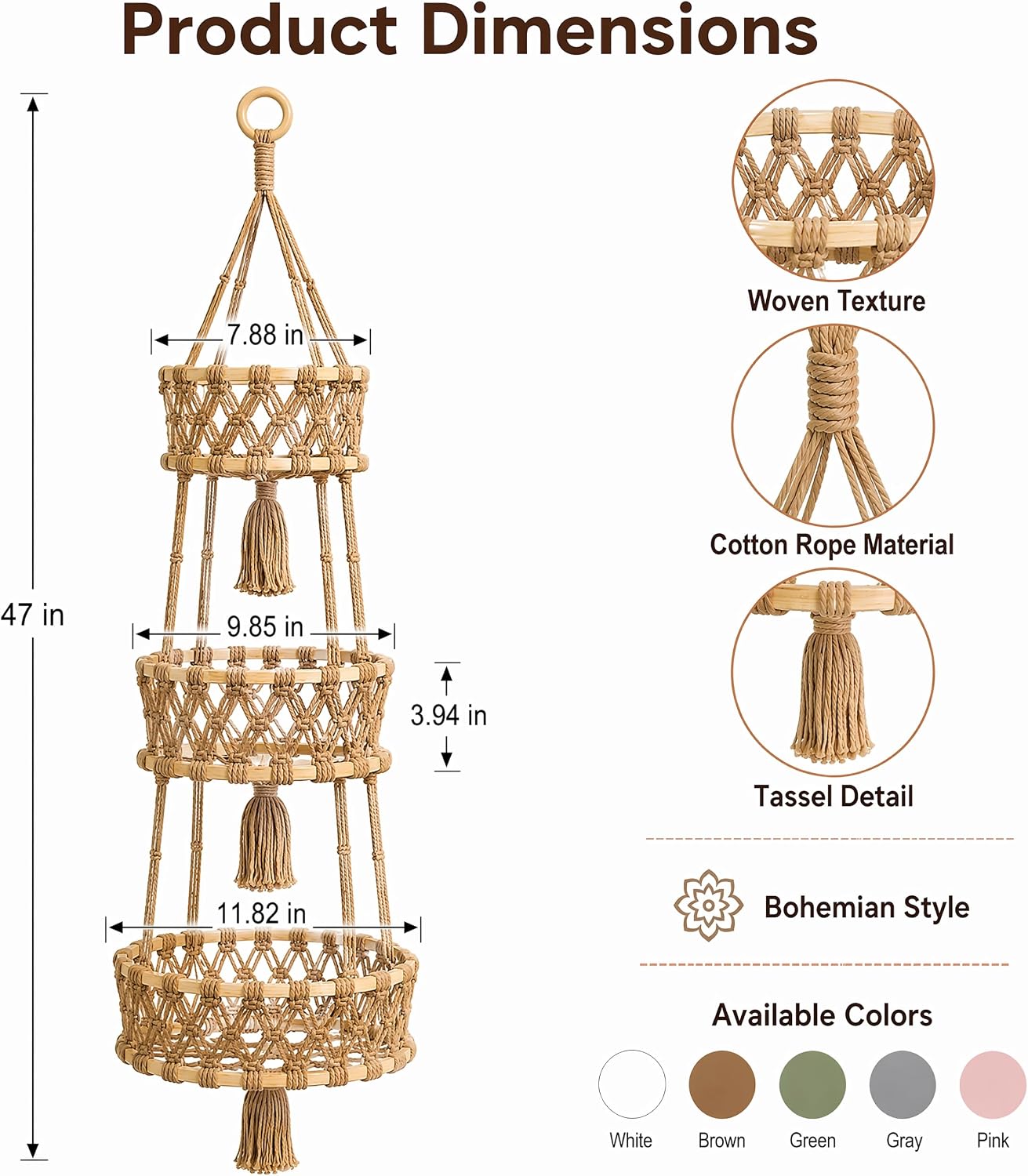 Macrame Hanging Fruit Basket, 3-Tier Boho Kitchen Storage (Khaki)