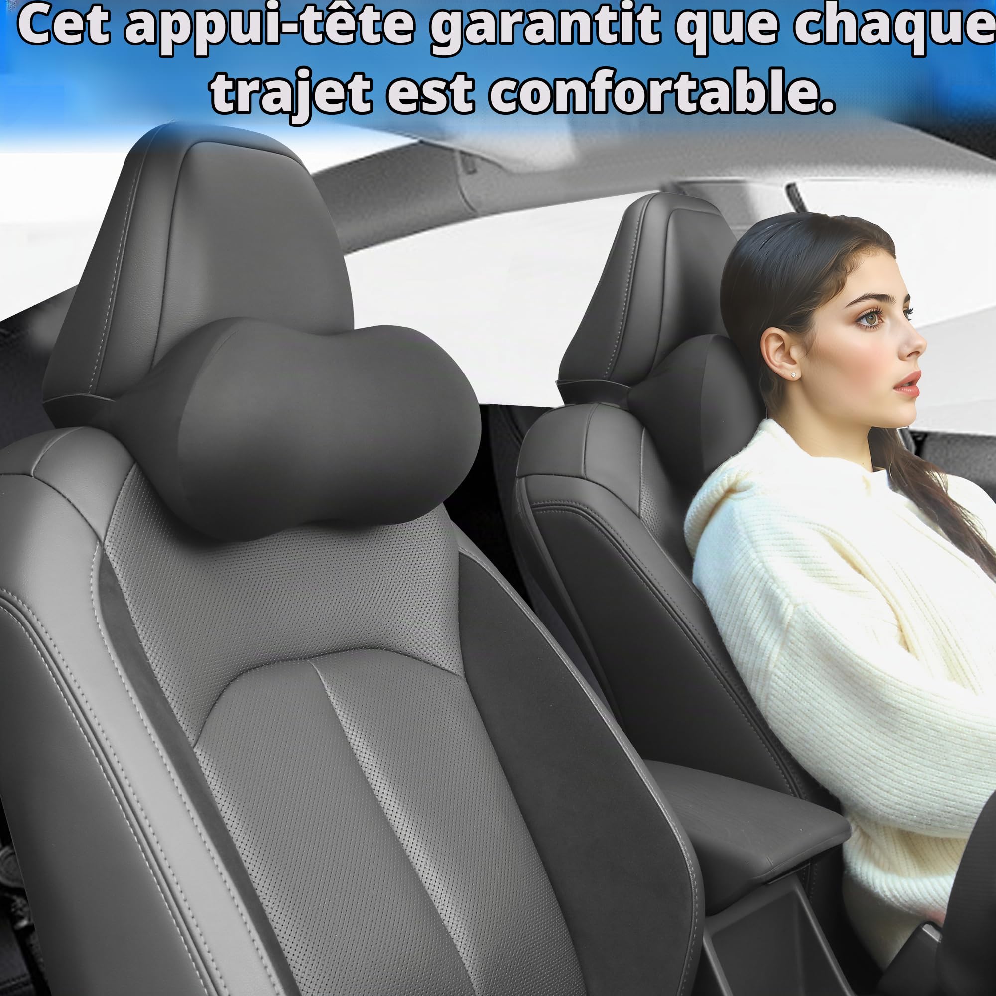 2Pc Car Headrest Coussin-Coussin de cou de voiture en cuir PU en mousse de mémoire, appuie-tête de voiture ergonomique pour le soutien à la tête et au cou, soulagement pendant la conduite et le repos