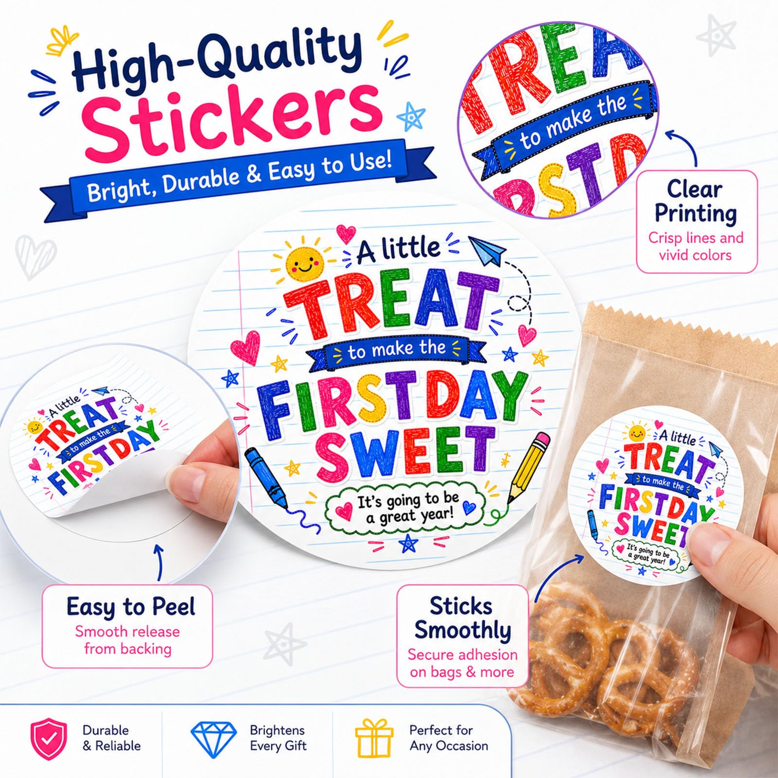 Lot de 60 autocollants ronds pour la rentrée scolaire, 5,1 cm pour sacs à bonbons, cadeaux de bienvenue pour étudiants, cadeaux de fête en classe, fournitures pour enseignants pour école primaire