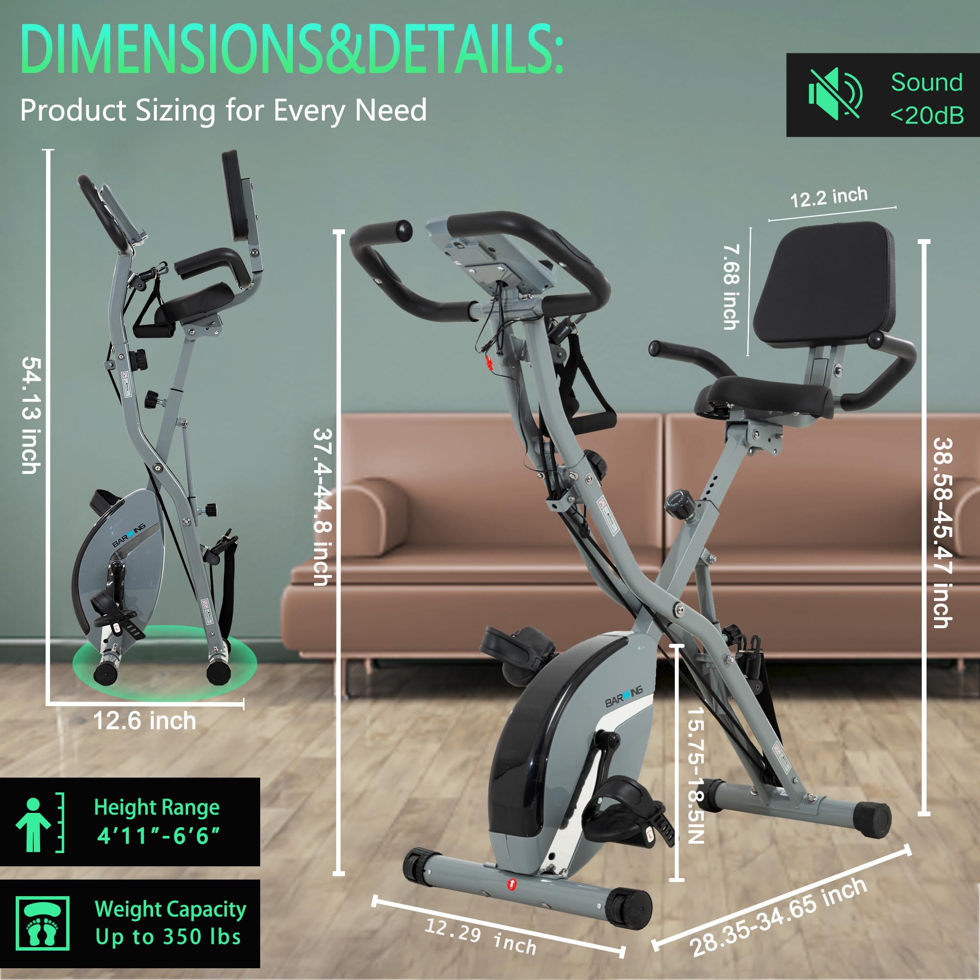 BARWING Stationary Exercise Bike for Home Workout, 5 IN 1 Foldable Indoor Cycling Bike for Seniors, 350LB Capacity, 16-Level Magnetic Resistance, Seat Backrest Adjustments