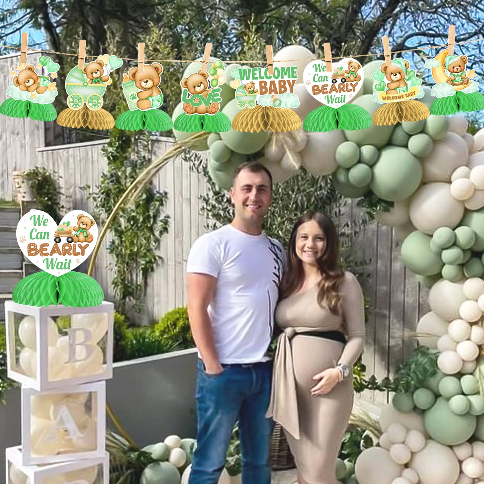 8 Pcs Bear Baby Shower Honeycomb Decorations - Sage Green 'We Can Bearly Wait' Centerpieces For Table Toppers & Party