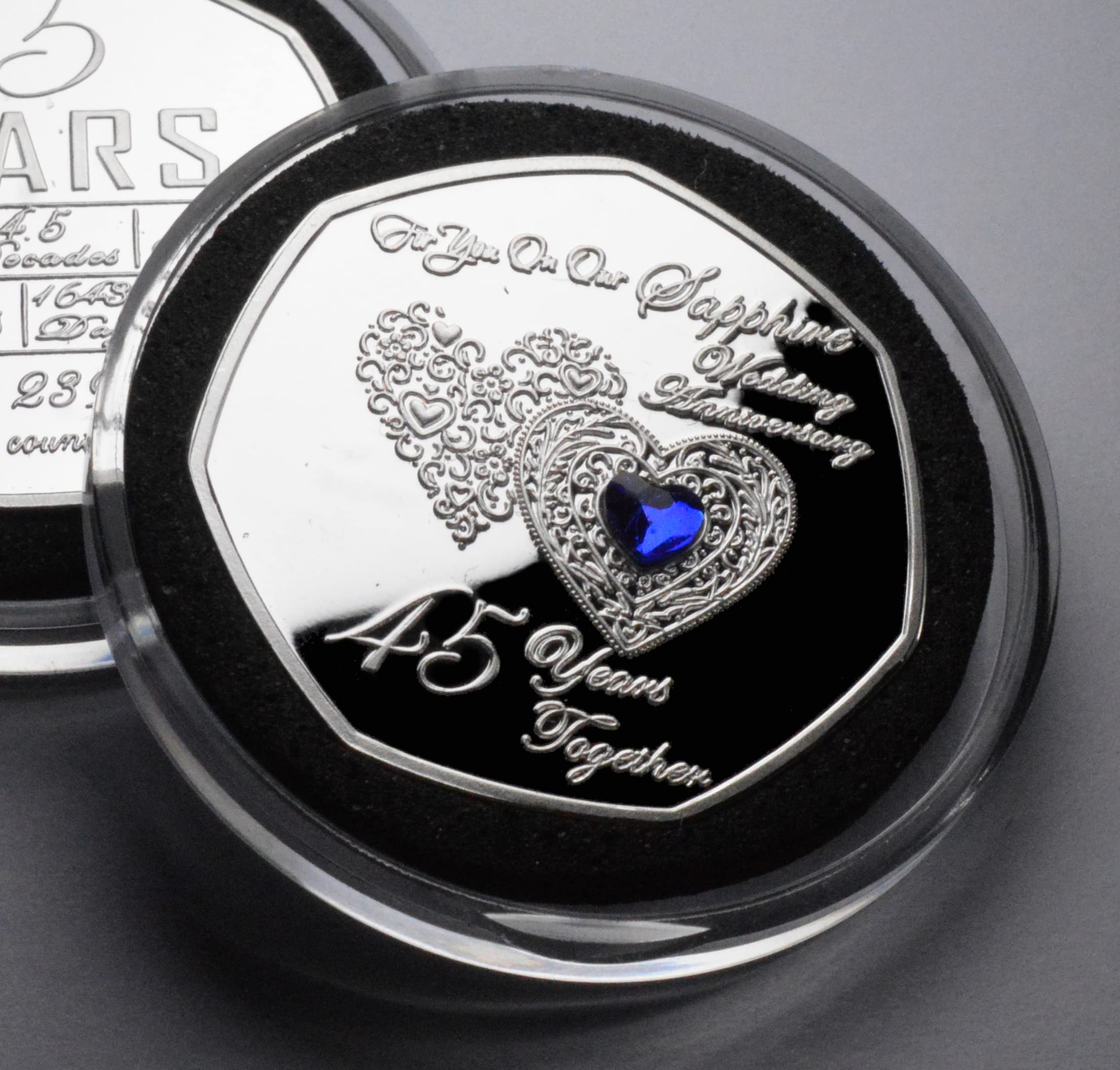 The Commemorative Coin Company On Our 45th SAPPHIRE WEDDING ANNIVERSARY Commemorative in Capsule. Inlaid Gemstone. Gift/Present. Marriage/Congratulations. 45 Years Together