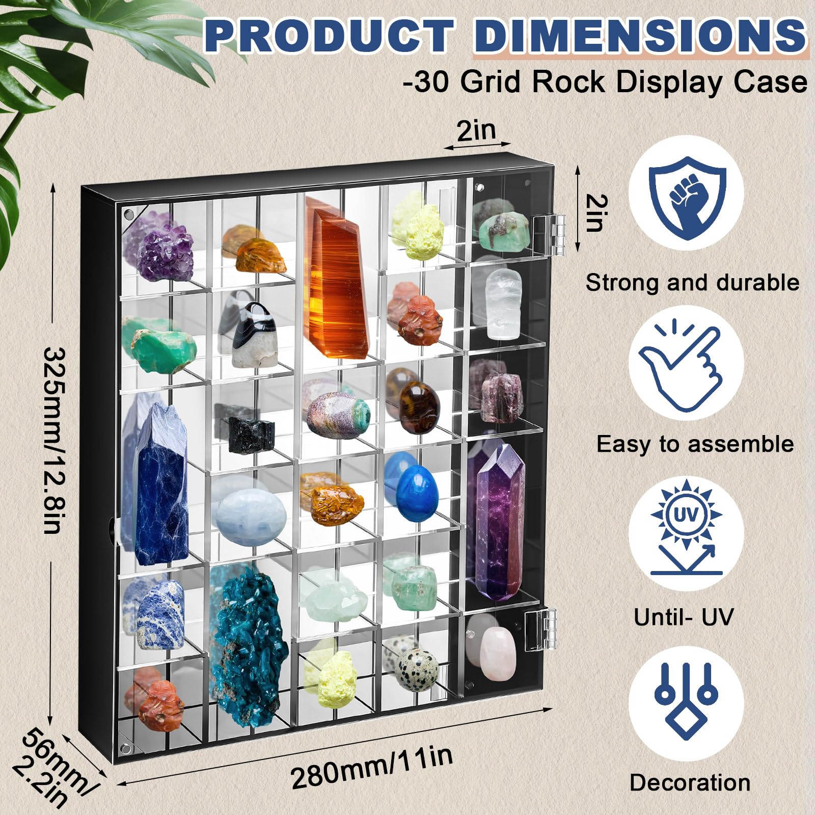 Cinnvoice 30 Grid Rock Display Case Adjustable Acrylic Display Case with Mirrored Crystal Organizer for Collectibles, Mineral Crystal, Stones, Wall Mountable, Magnetic Door Design