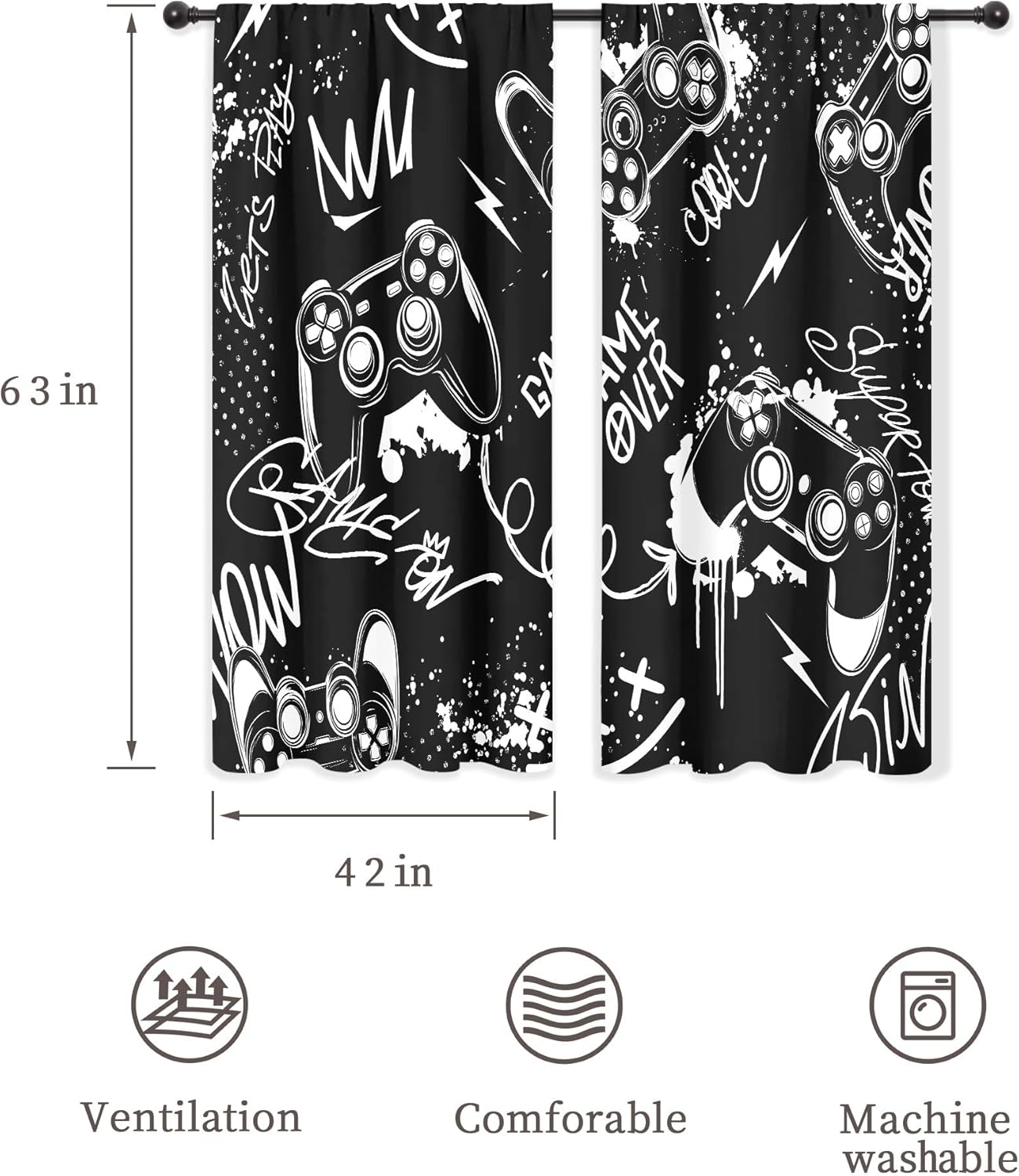 Riyidecor Black White Gaming Boys Curtains Gamer Video Games Controller Gamepad Modern Graffiti Cool Funny Rod Pocket for Kids Teens Men Bedroom Living Room Treatment Fabric 2 Panels 42Wx63H Inch