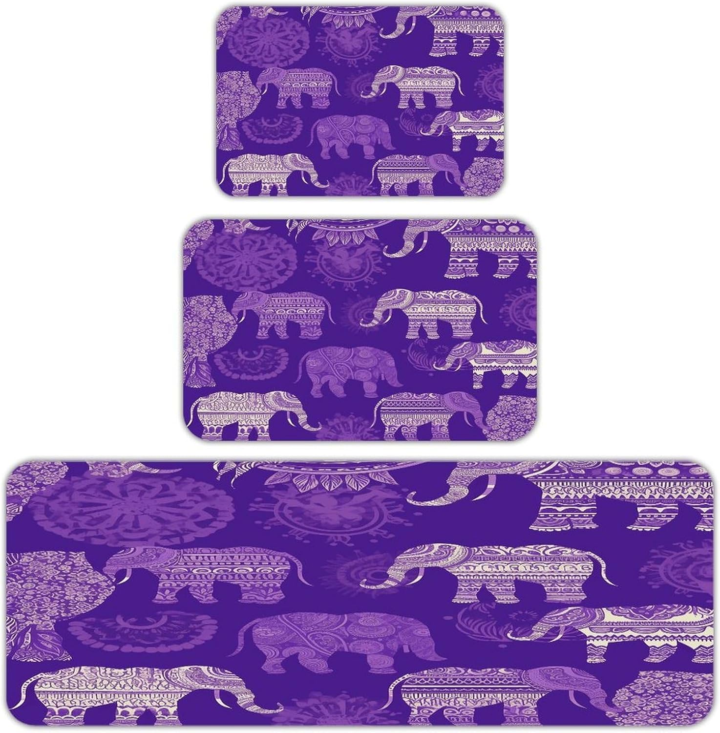 Purple Elephant Kitchen Mat Set of 3 Waterproof Floor Mats Non-Slip Kitchen Rugs Premium Flannel Rug Heavy Duty Standing Mat for Kitchen Home Bathroom Laundry