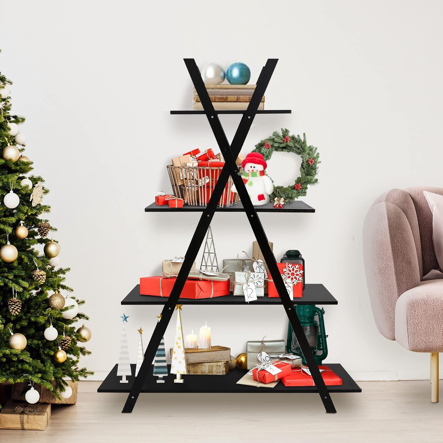 SUPER DEAL A Frame Bookshelf Storage Shelves, 4 Tier Ladder Bookcase Free Standing, Plant Book Display Furniture for Home Office, Black