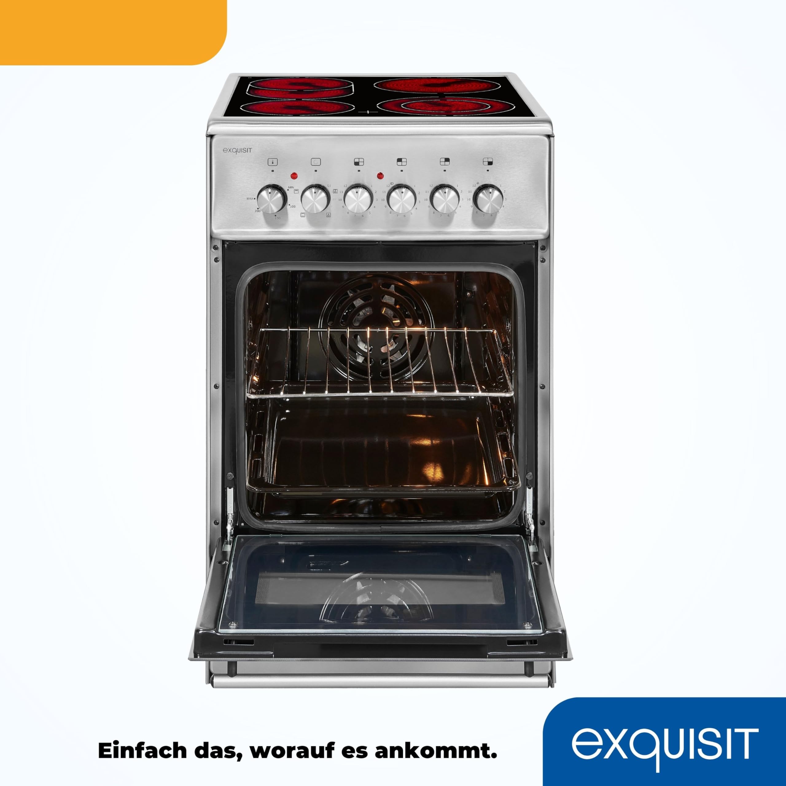 Exquisit Standherd 50 cm ECM 5-4.1 BZ Inox Elektroherd mit Glaskeramik-Kochfeld Umluft Grill 46 L Backofen Energieeffizienzklasse A
