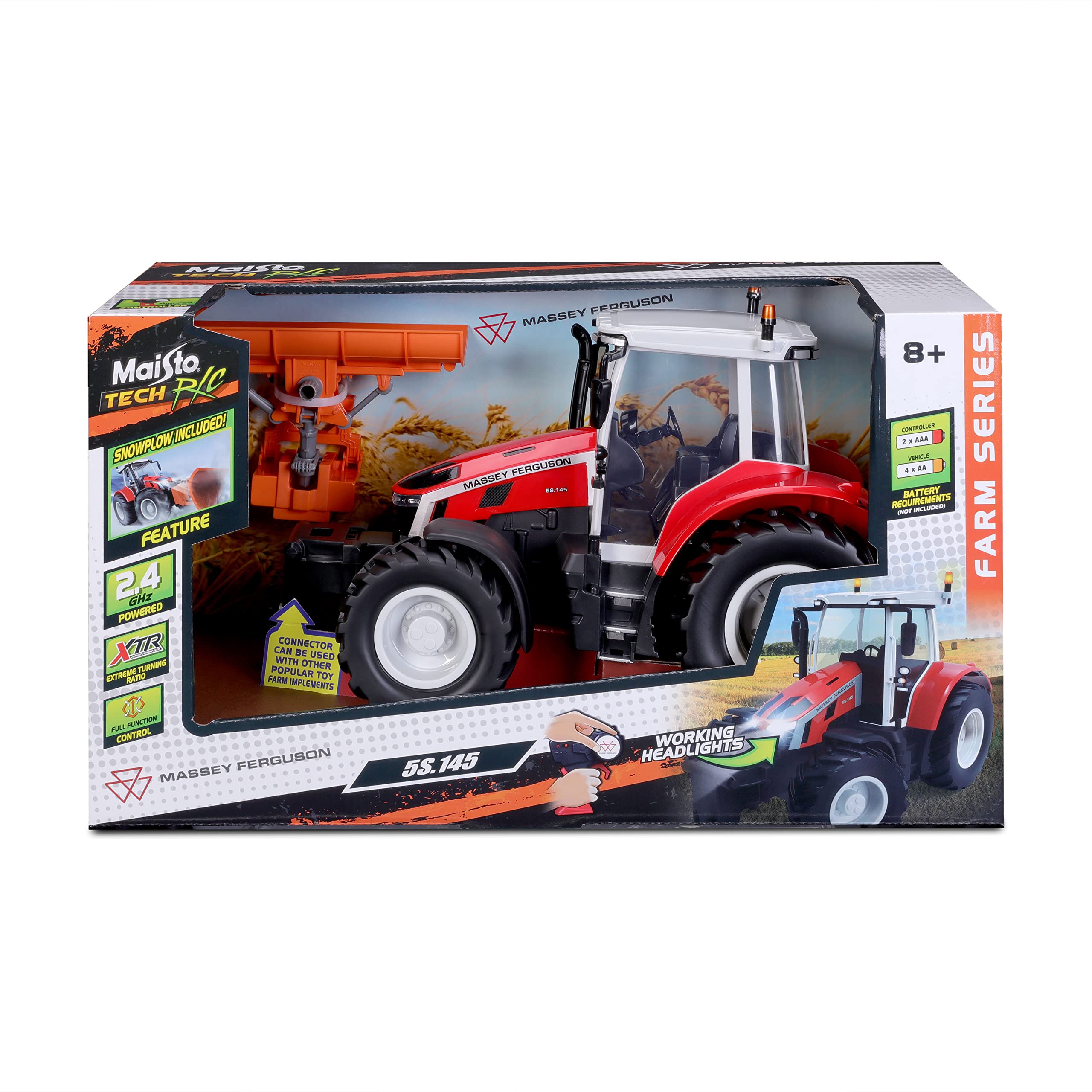 Maisto Tech R/C Massey Ferguson 5S.145 - Tractor teledirigido con luz y quitanieves Desmontable, con Controlador de Palo, a Partir de 8 años, Rojo (582724)