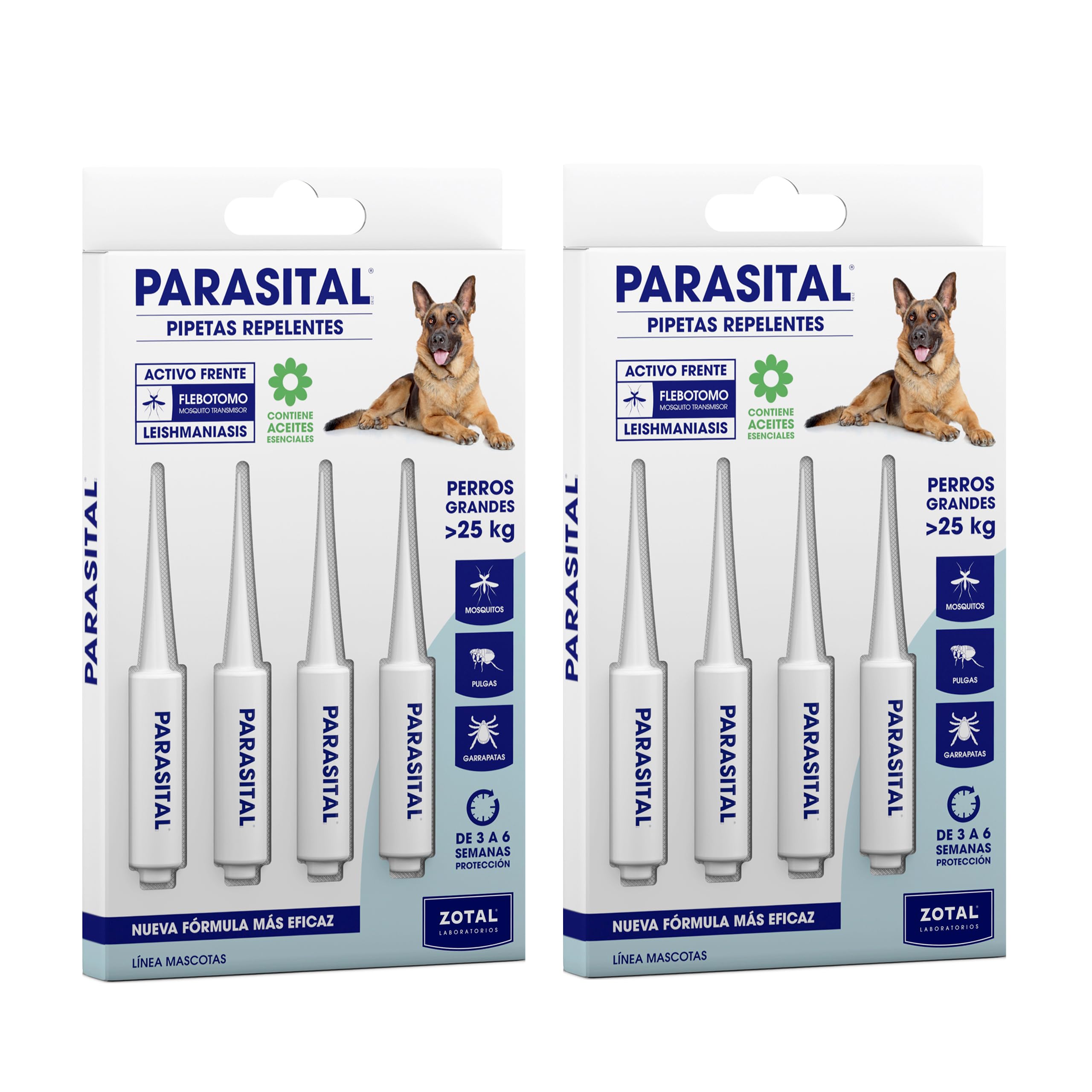 Zotal Parasital - Pack 2 Blíster de 4 Pipetas (8 en Total) para Perros Grandes - Protección Pulgas, Garrapatas y Mosquitos - 3 a 6 Semanas por Pipeta - Repelente Natural - Fácil Aplicación-