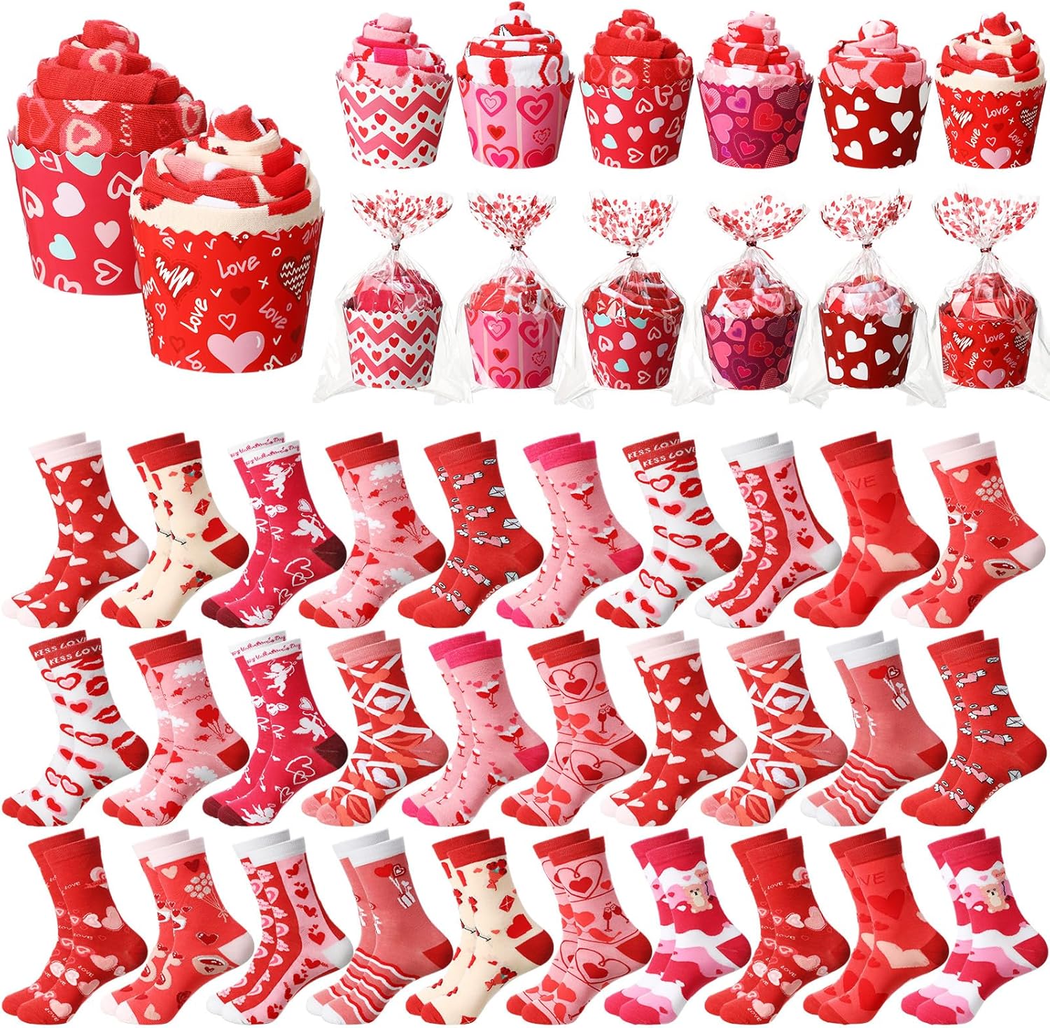 Glitopper 30 Pairs Valentine Socks Bulk Love Cupcake Sock Pink DIY Socks Gift Heart Soft Socks for Women Girls