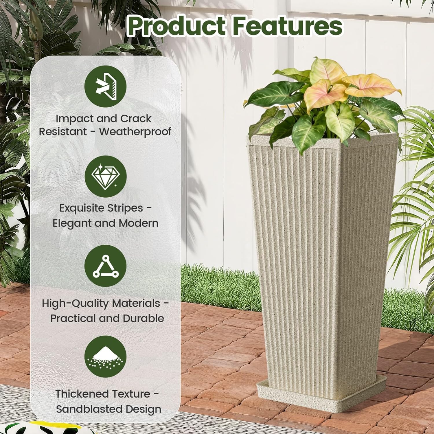 Front Porch Planters Outdoor Set of 2, 24" Tall Plastic Planters for Outdoor Plants with Drainage, Extra Large Outdoor Planter Pots, Tapered Tall Planters for Front Door & Indoor Plants, Beige