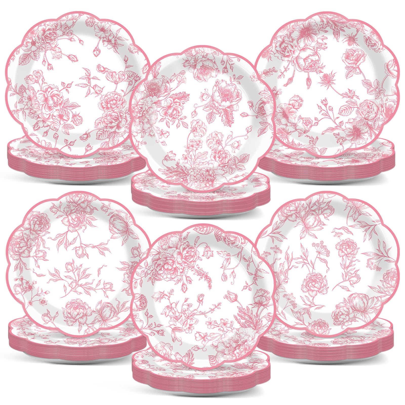 Wiooffen 80Pcs Pink Floral Paper Plates 7 Inches Floral Leaf Party Disposable Dessert Cake Plates Flower Tableware Decoration Supplies for Girl Tea