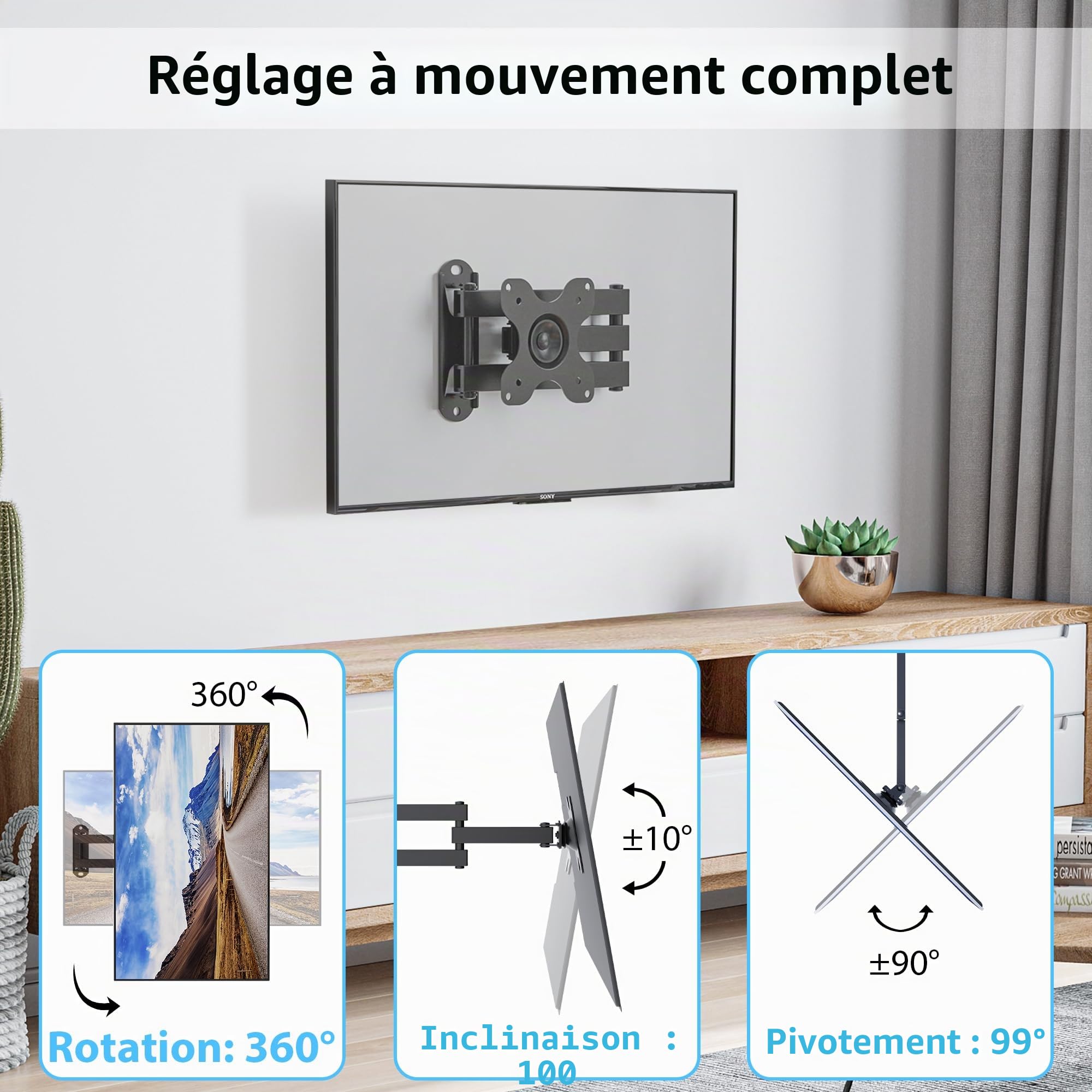 BONTEC Support TV Mural Orientable et Inclinable Universel pour Télévision et Moniteur 13-30 Pouces, Fixation Murale VESA 75x75/100x100mm, Charge Max 15kg, Extension 38.2cm, Facile à Installer