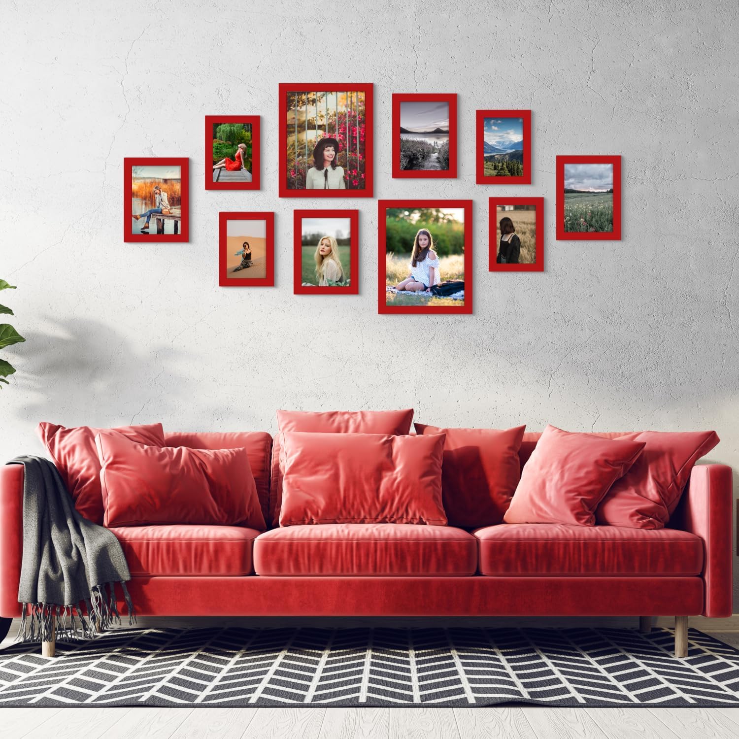 iRahmen Collage Picture Frames Set of 10, Wall Decor for Mounting or Tabletop Display, Family Photo Gallery Frame Set - Multi Sizes Including Two 8x10, Four 5x7, Four 4x6, HD Glass, Wooden, Christmas Red