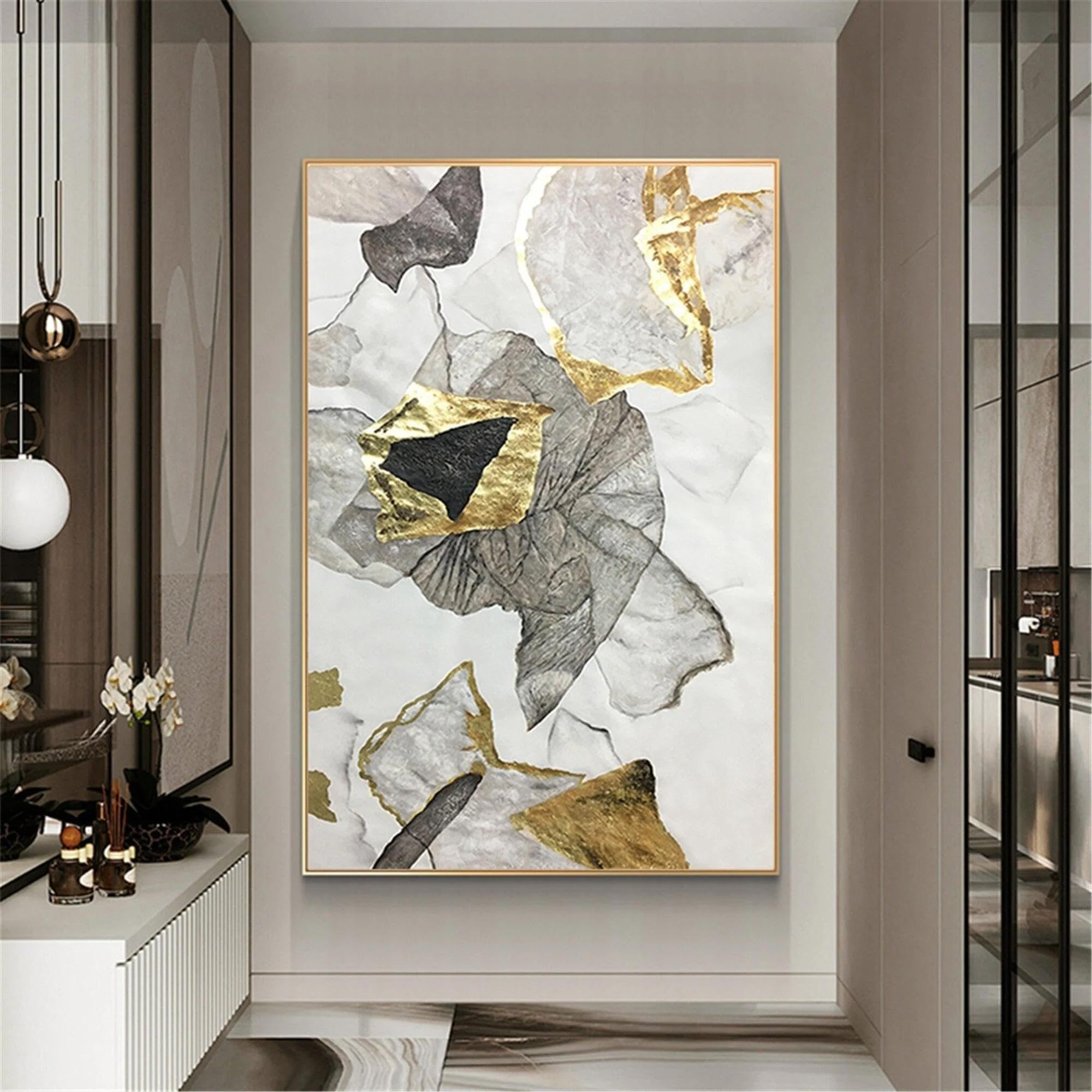 Pintura abstracta de pan de oro para pasillo, dormitorio, hogar, lienzo, arte de pared con marco dorado para sala de estar, 50 x 70 cm (20 x 28 pulgadas) con marco dorado.