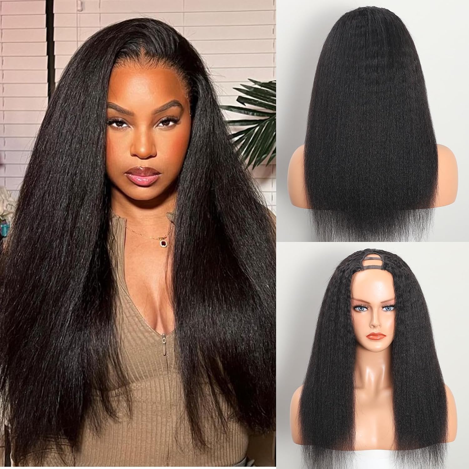 Selina Hair U Part Wigs Human Hair Kinky Straight Wig Yaki 100% Remy Human Hair Wig for Women Brazilian Virgin Straight Human Hair Glueless Wigs 16