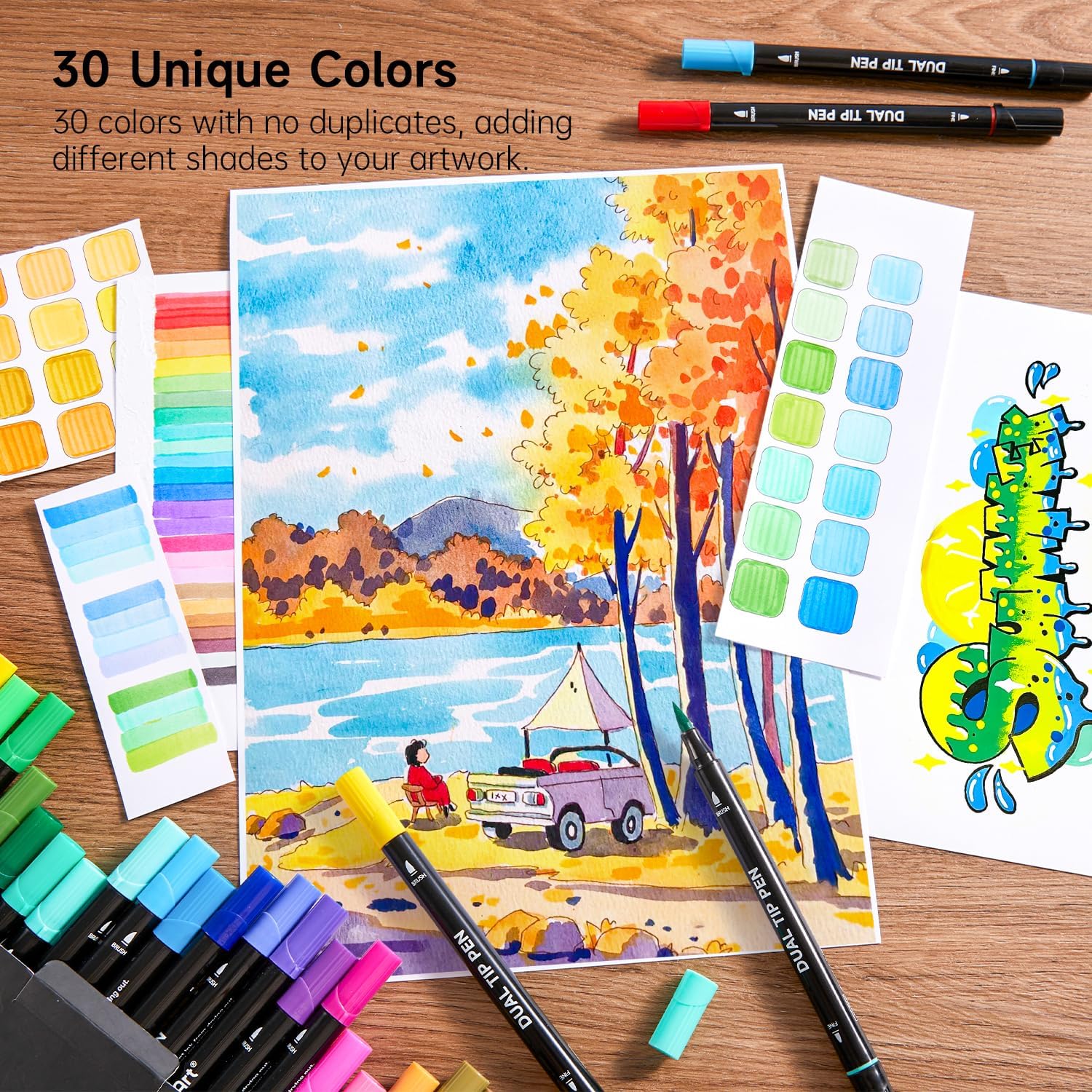 Shuttle Art 水彩毛筆 水性ペン 30色セット 筆ペン カラーペン ツインマーカー ふで・極細 耐久 速乾 イラスト スケッチ 落書き 絵手紙 大人用 子供用 漫画 カード 宿題 画材 アート専門