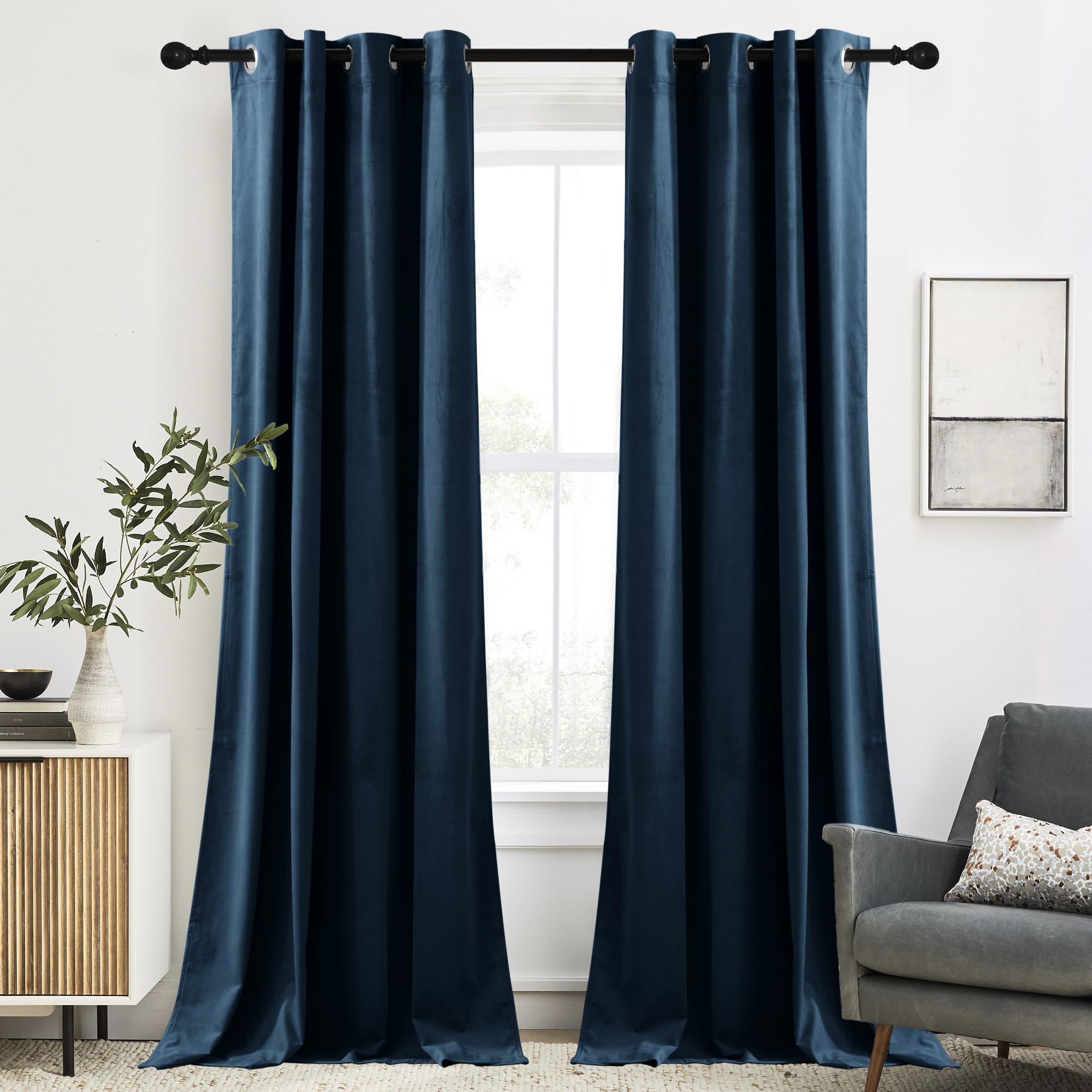 RYB HOME Navy Blue Velvet Curtains for Bedroom, Stylish Blackout Velvet Drapes with Rustproof Grommets Thermal Insulated Soundproof Window Treatment