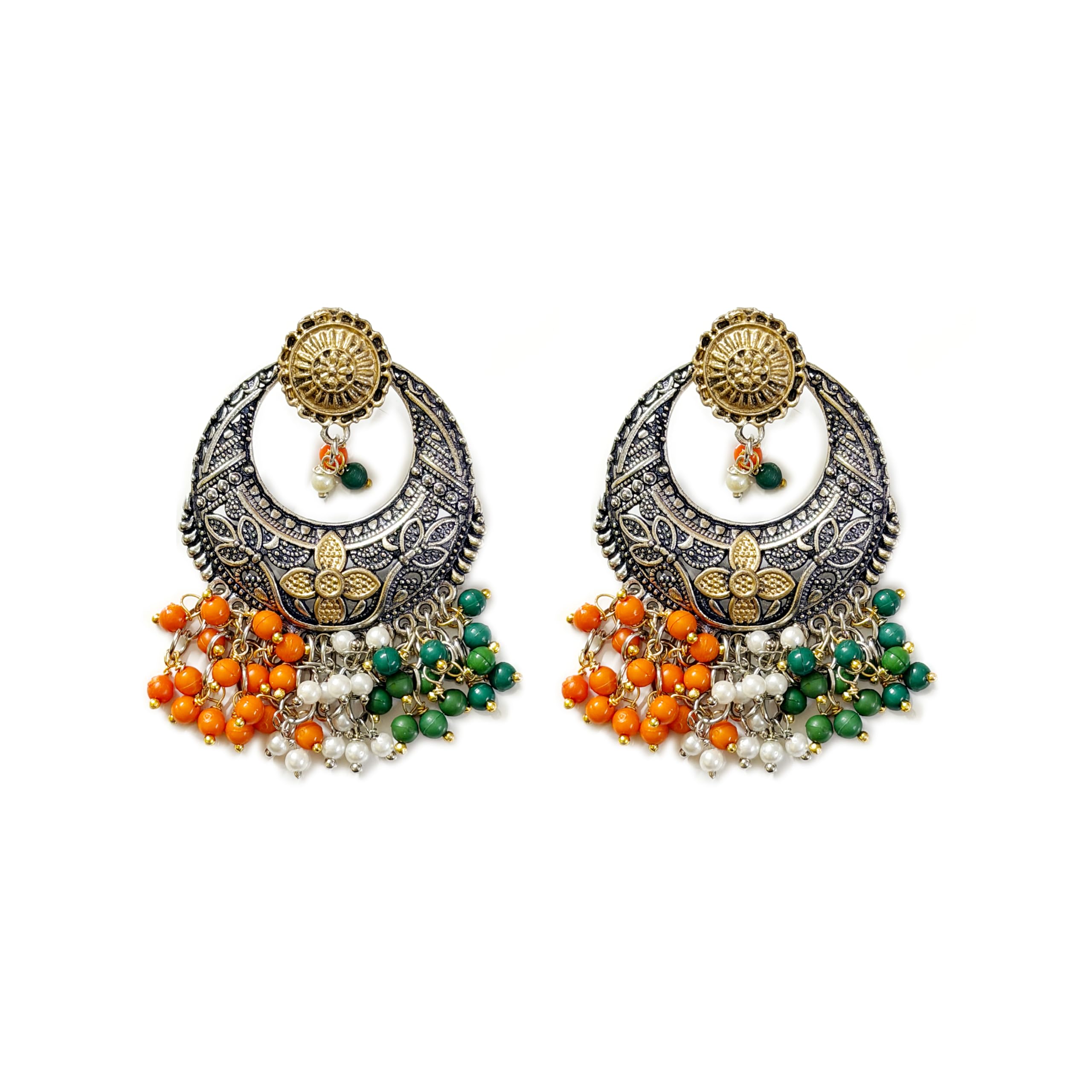 Oxidised Silver Tricolor Beaded Jhumka Earrings for Women | Traditional Boho Ethnic Dome Drop Earrings | Statement Festive Jewellery-image-24