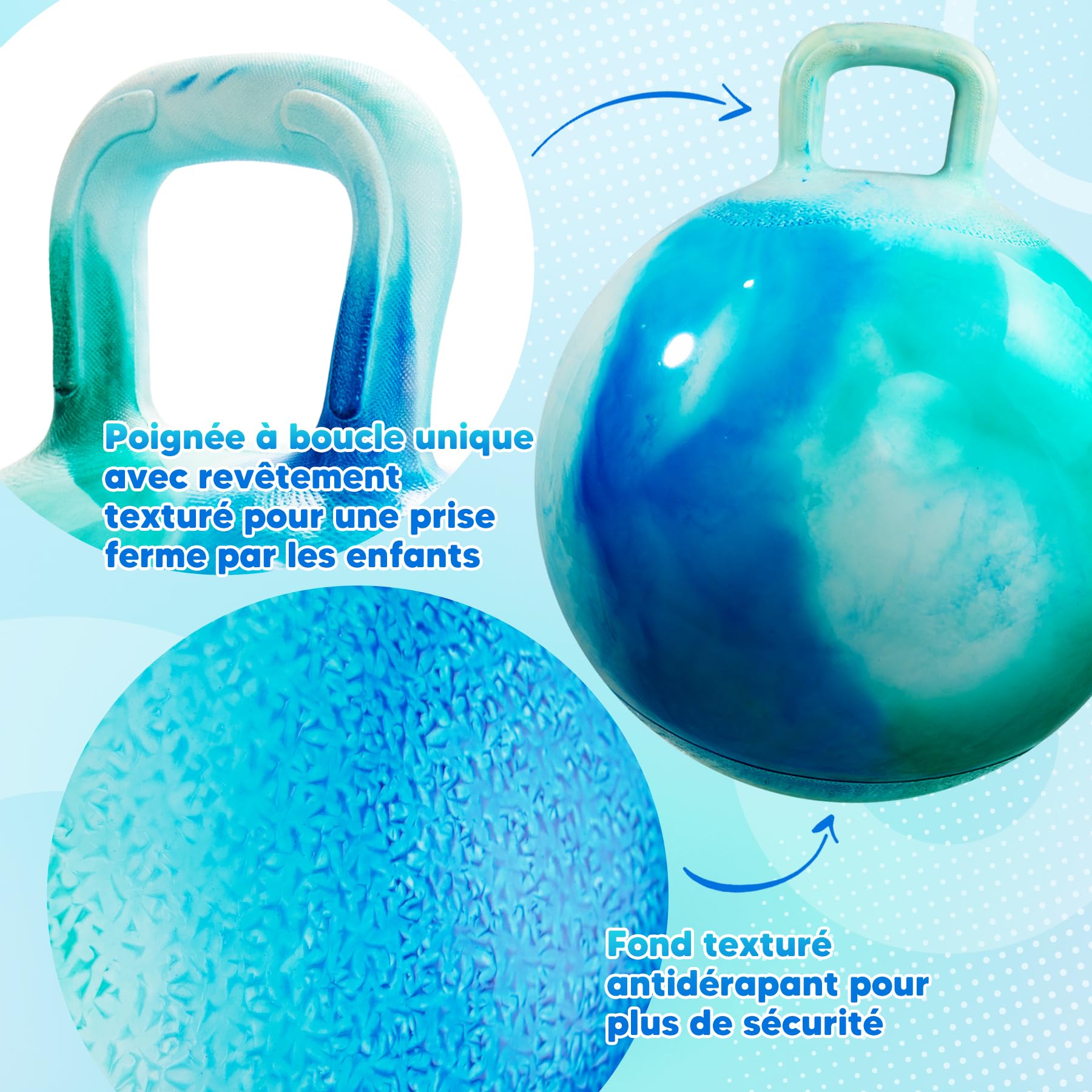 INPODAK Space Hopper, Balle Sauteuse de 45cm, Balle Sauteuse pour Enfants de 3 à 6 Ans, Balle Rebondissante avec poignée, Jouet Sauteur pour Enfants de 3, 4, 5 et 6 Ans(Nuages Bleus)