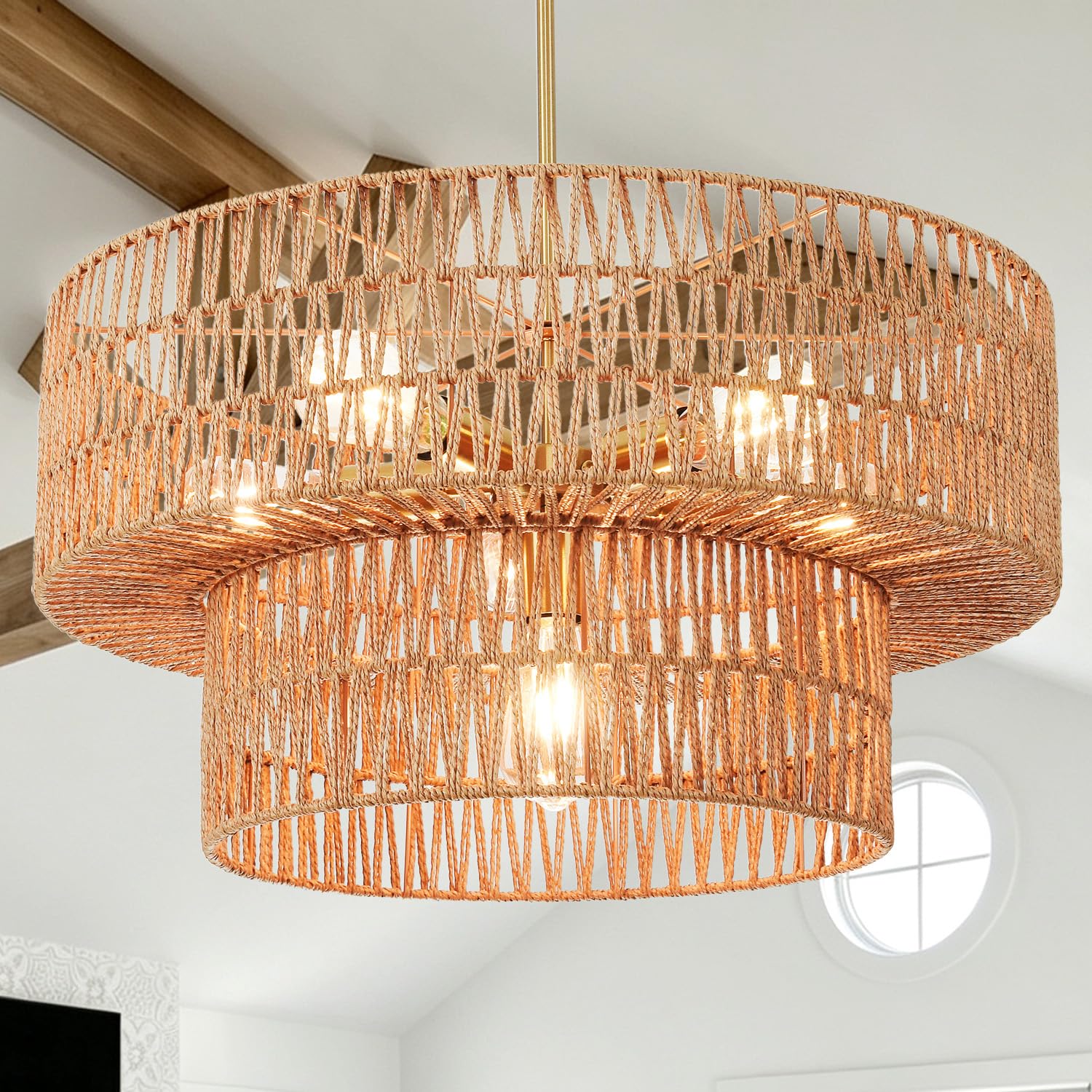 23.62" 6-Light Boho Chandelier Rattan Light Fixture Hand Woven Farmhouse Chandelier for Dining Room Ceiling Hanging Pendant Light for Kitchen Island Lighting