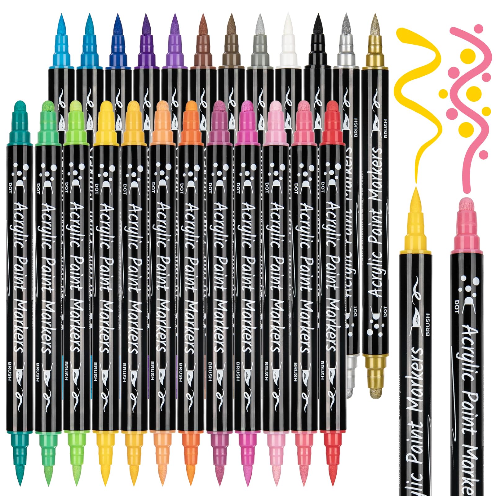 Acrylic Paint Pens: 24 Colours Dual Tip Acrylic Pens for Rock Painting, Wood, Pebbles, Glass, Ceramic, Stones, Fabric, Canvas, Craft, Waterproof Brush Pens Paint Marker Pen Set