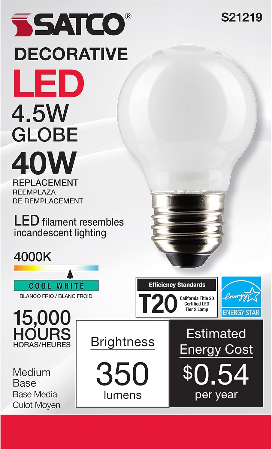 Satco 4.5-Watt LED E26 Light Bulb, 4000K, 15000 Hour Rating, Dimmable White