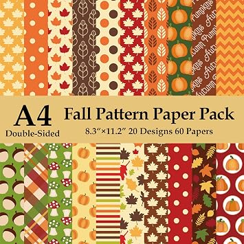 60 Sheets Autumn Fall Pattern Paper 8.5 x11 inch Fall Pumpkin Leaves Double-Sided Origami Paper paper for Autumn Falls Harvest Thanksgiving Card Making Scrapbook,20 Designs