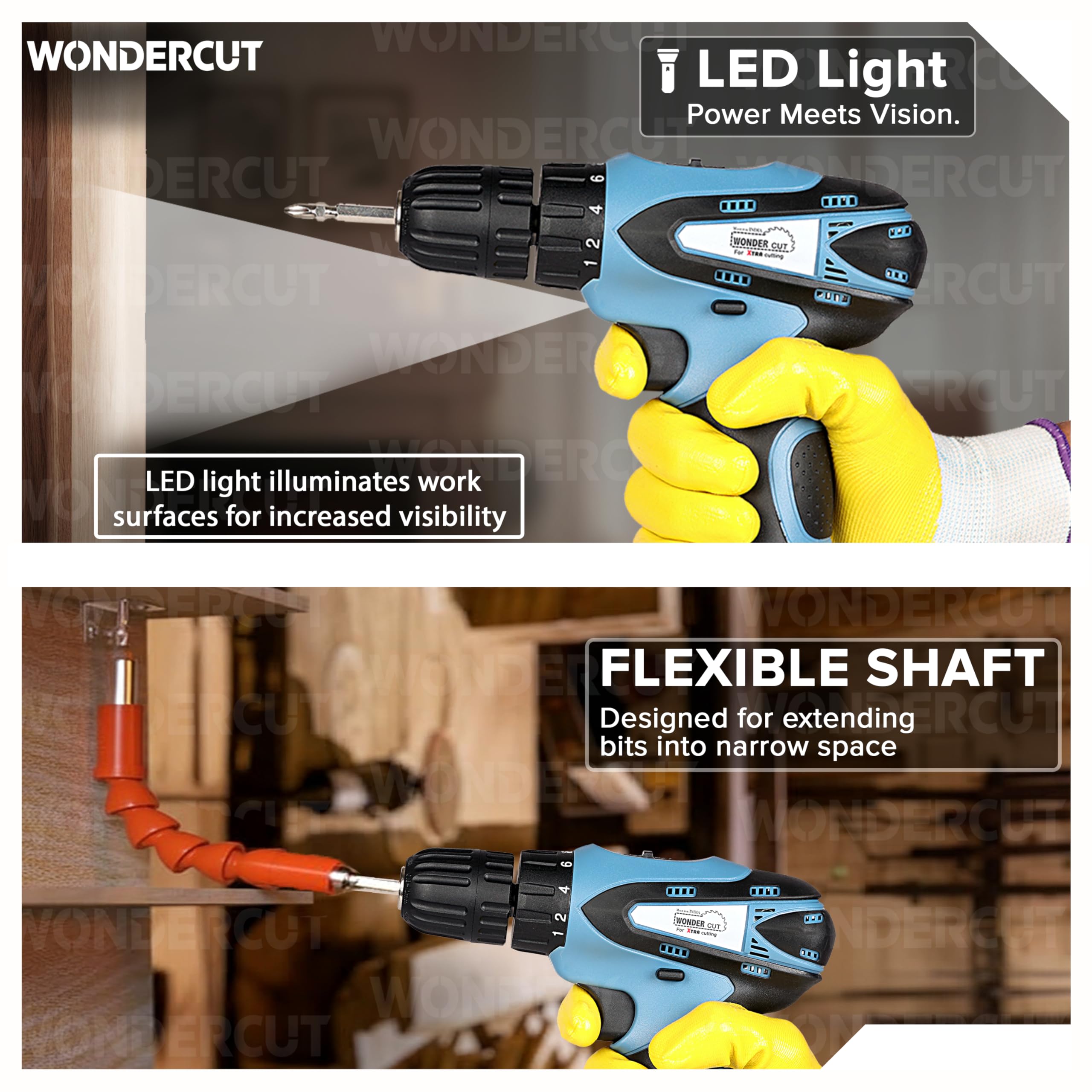 Wonder Cut 12V Cordless Drill Driver WC-CD1007-B |18 Settings |1450 RPM | 10Mm Keyless Chuck | LED Light | 2-Speed Mode | 1500Mah Battery | 2 Battery | 27 Accessories | Home & DIY Projects, Multicolor product image 5