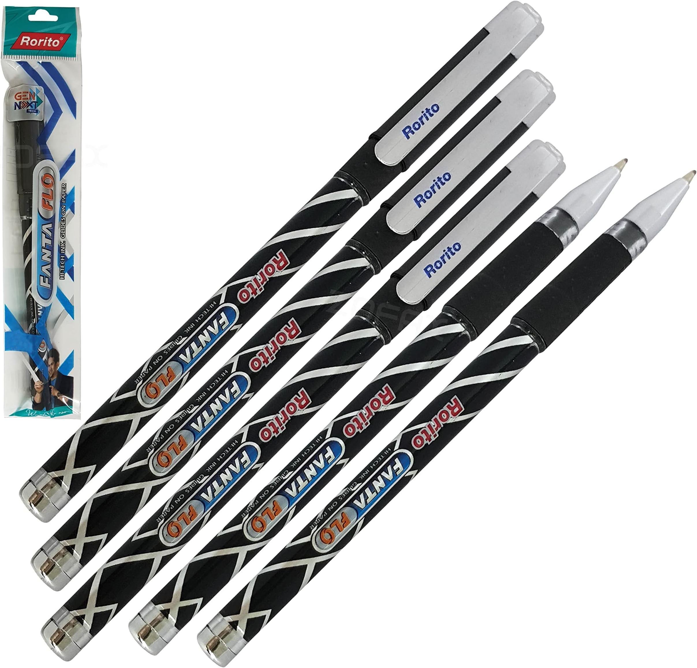 rorito 5 x 1.0mm Tip Fanta Flo BLACK Ballpoint Smooth Pens Hi-Tech Writing Ink