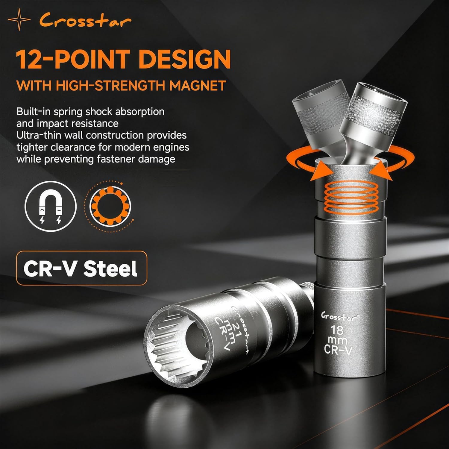Crosstar 11PCS 3/8" Drive Magnetic Swivel Spark Plug Socket Set, CR-V Steel with 18mm/13/16"/14mm, 3" & 6" Extensions, Gripper & Foam Case - Pro Auto Tools