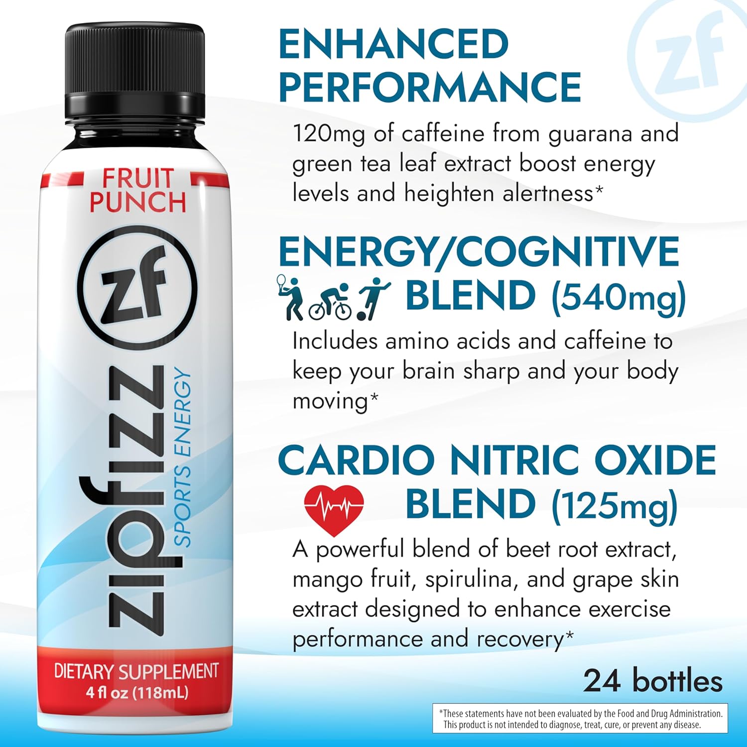 Zipfizz Sport Energy Shot, Fruit Punch, 4oz, Hydration, B12, Nitric Oxide Blend, (24 Count)