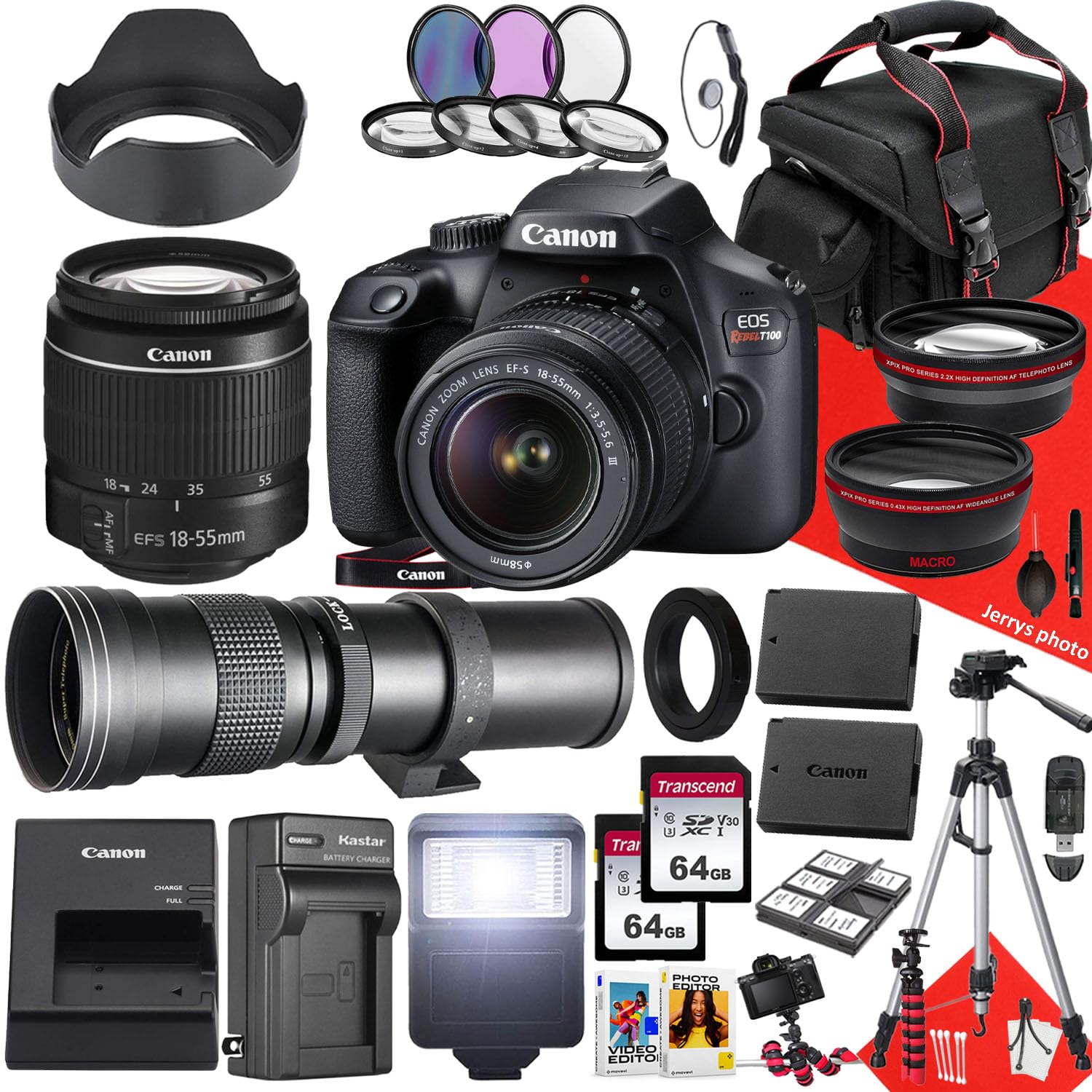 Canon EOS Rebel T100 / 4000D DSLR Camera with Canon EF-S 18-55mm F/3.5-5.6 DC III Zoom and 420-800mm f/8.3 HD Telephoto Zoom Lens + 128 GB Memory + Filters + Tripod + More (31pc Bundle) (Renewed)