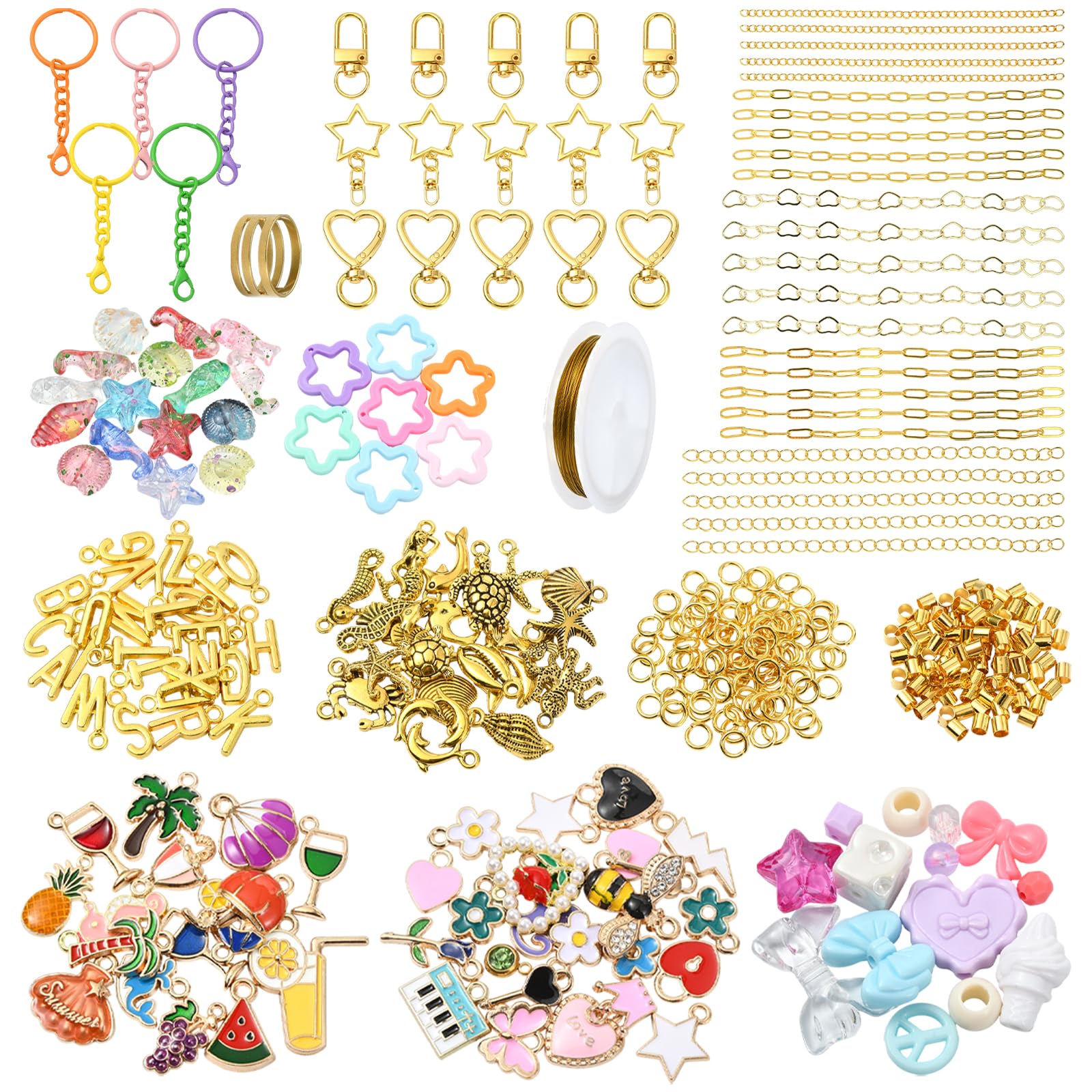 BEEFLYING 467 Pcs Lip Gloss Keychain Making Kit, 15 Pcs Keyring Clasps Acylic Beads Alloy Letter Charms Gold Ocean Pendants Enamel Pendant for Women Girl Keyring Bag Charm DIY