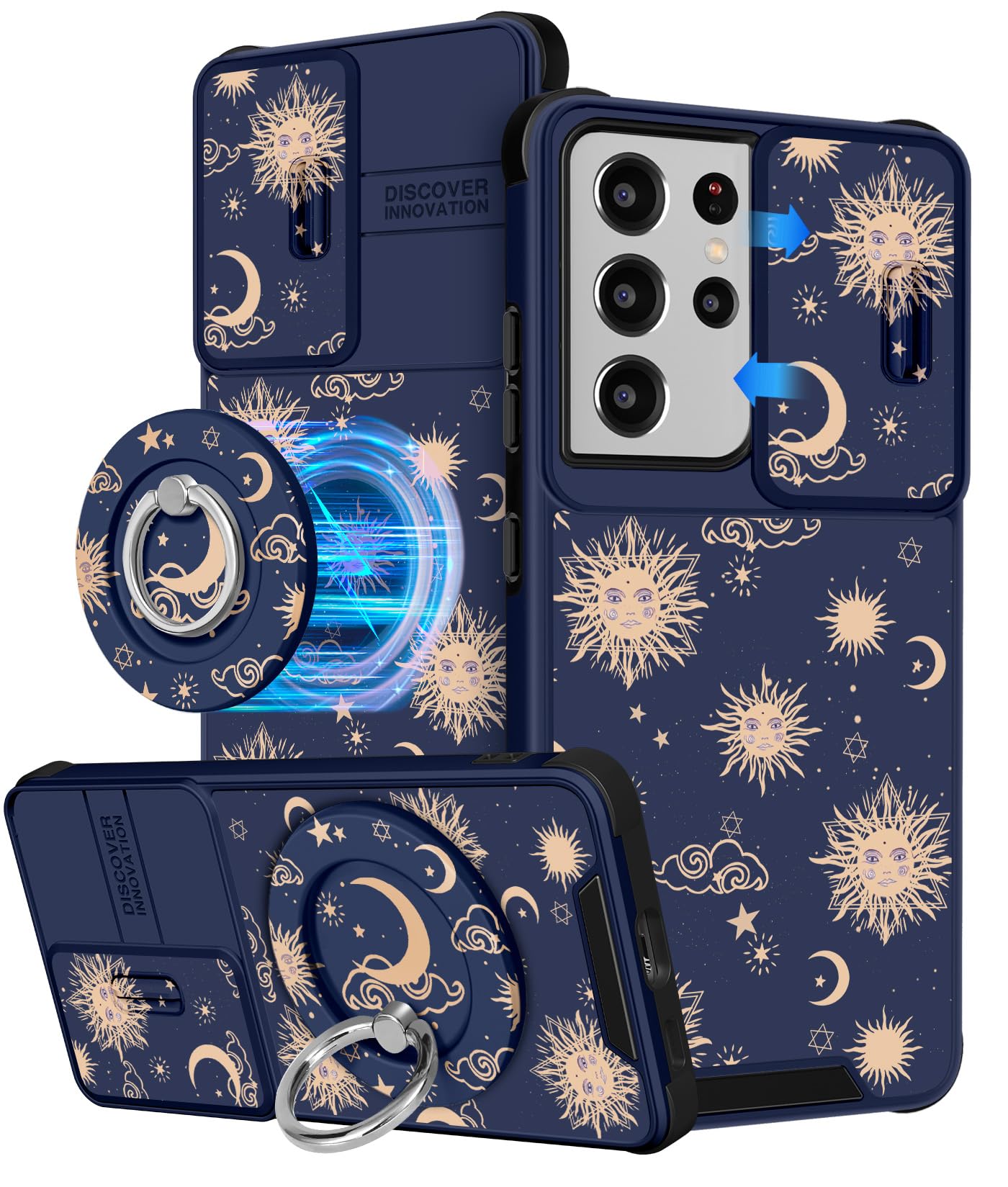 Buleens for Samsung Galaxy S21 Ultra Case 6.8 Inch - with Ring Stand & Camera Cover Aesthetic Cute Designed Women Girls Girly Sun Moon Stars for
