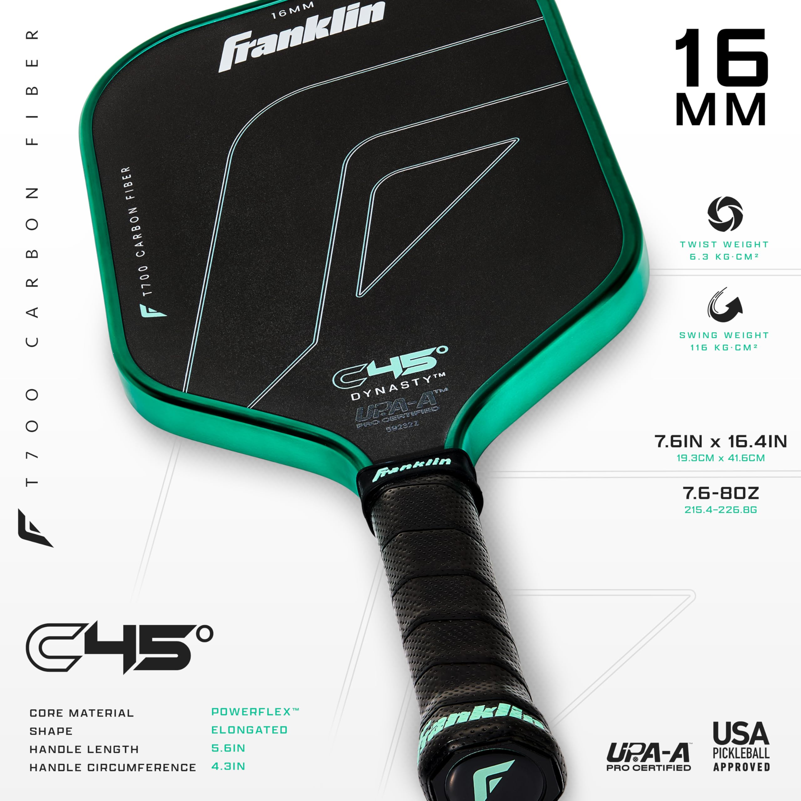 Franklin Sports PRO Pickleballschläger - Serie C45 aus Kohlefaser - Offiziell USAP + UPA zugelassen - Pro Player Design