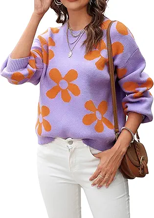 ECOWISH Women's Sweater 2023 Fall - Long Sleeve Crewneck Tops Knit Oversized Pullover Casual Print Jumper