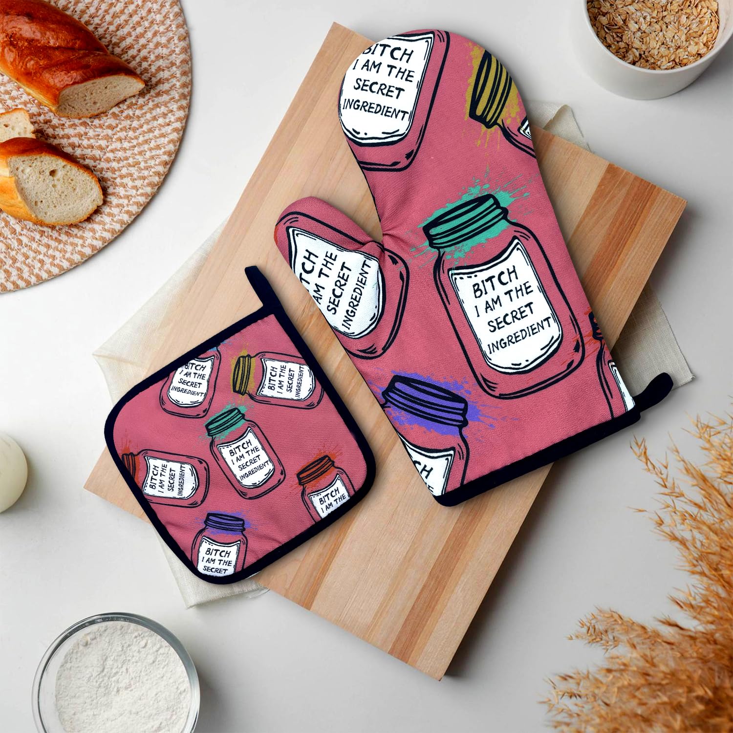Dhecvbd Bitch I Am The Secret Ingredient, Funny Oven Mitts and Pot Holders (Set of 2) with Hanging Loop Silicone Non-Slip, Housewarming, Birthday Cooking Gift for Female Chef, Mom, Wife, Girlfriend