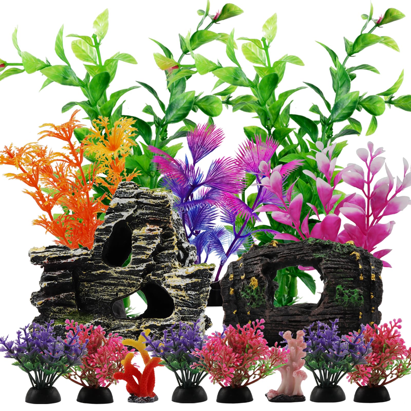 QUOZUO Fish Tank Decorations Plants with Resin Barrel and Cave Rock View, 15pcs Aquarium Decorations Plants Plastic