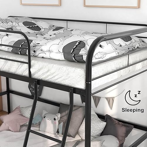 Miniatura 5 de Base de cama tipo loft de metal de tamaño individual con barandilla de seguridad, camas altas industriales, cama individual multifuncional para