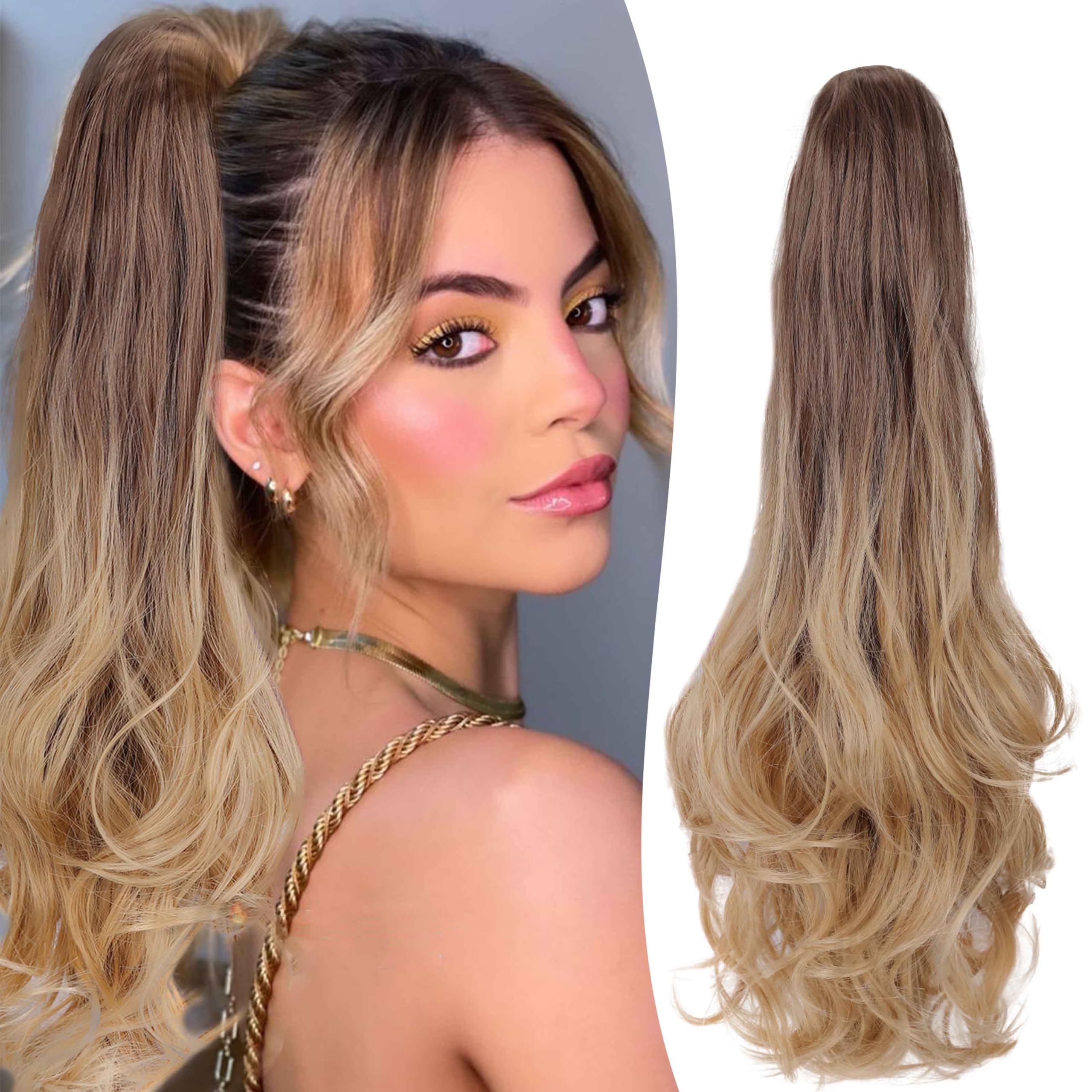 Gairyan 50cm Coda Capelli Extension con Pinza Posticci per Capelli Sintetici Coda di Cavallo Claw Ponytail Coda Capelli Extension Clip Ricci Mossi Ondulati Lunghi, Marrone Ombre Biondo Scuro