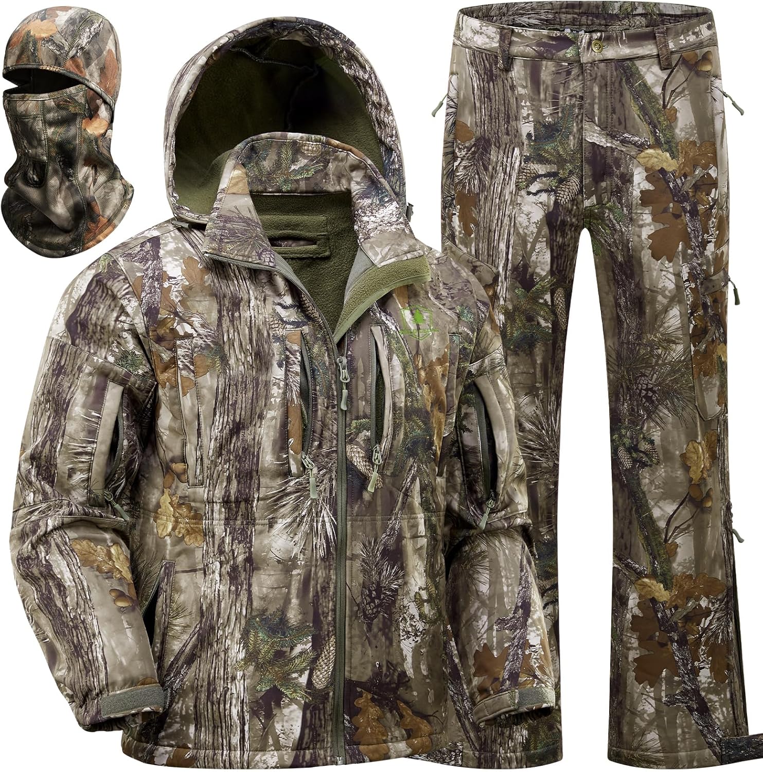 Men's Cold Weather Camo Hunting Suit, Quiet Fleece-Lined Jacket & Pants Set with Face Mask, Suitable for Hunting Tree Camo X-Large
