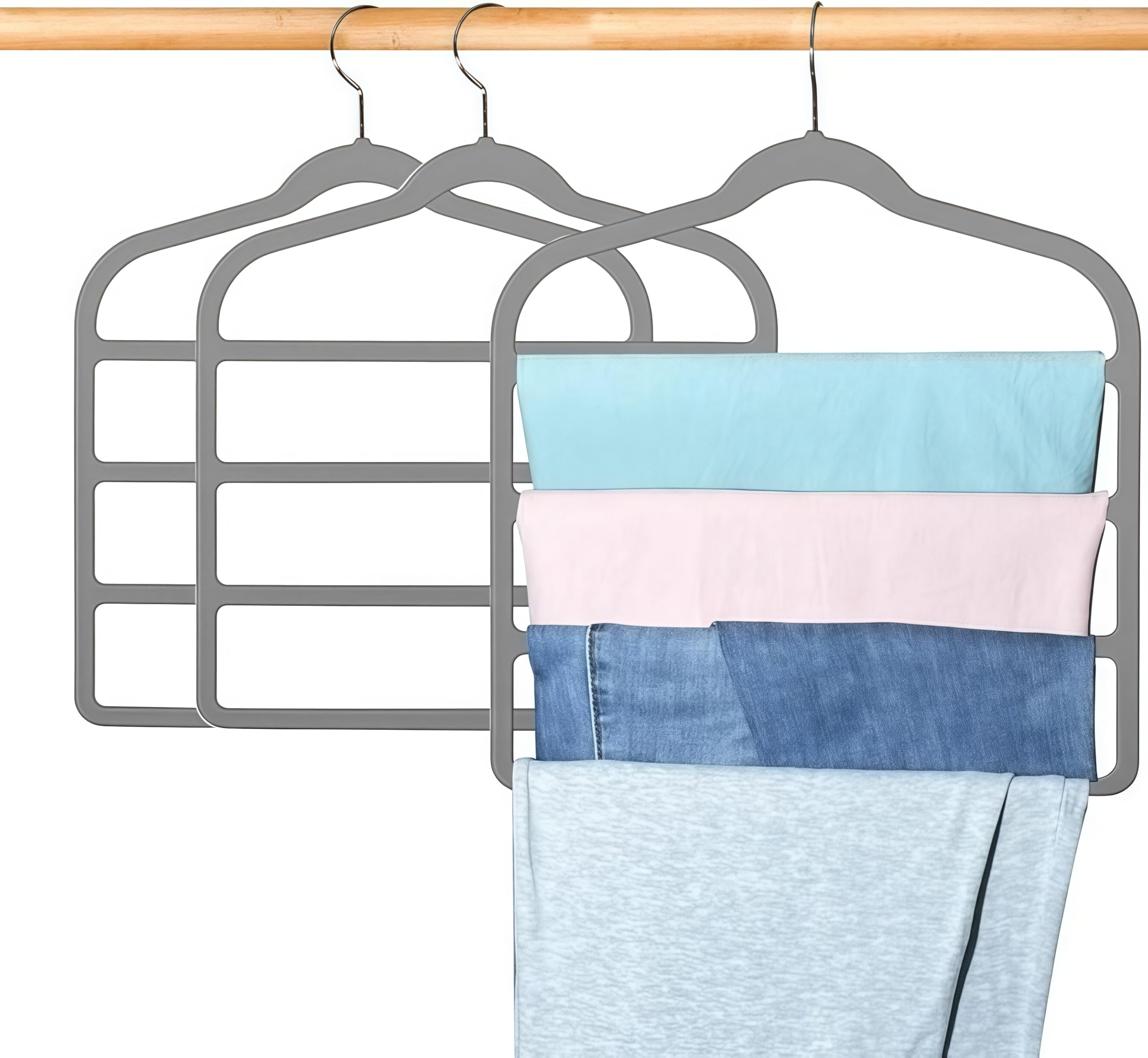 Apaichang Trouser Hanger Space Saving Clothes Hanger for Closet Storage Organizer Multi Velvet Non-Slip Hangers with 4 Layers Slacks for Scarf Bar Belts Ties Towel Pants Rack Leggings Hanger (3, Grey)