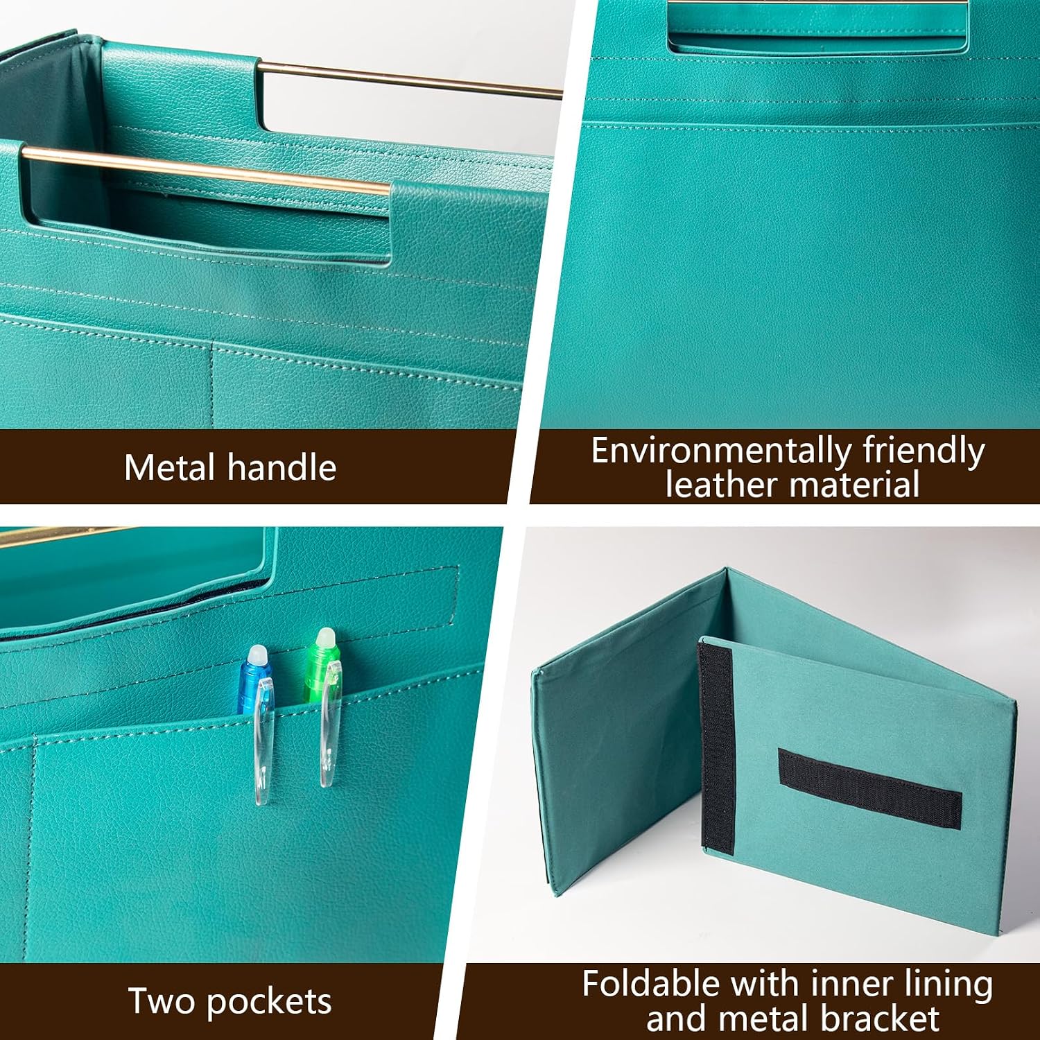 Leather Magazine Holder Foldable with Handles，Stable Magazine Rack Floor，Magazine Basket File Holder Storage，Document File Folder Organizer Free Standing for Office Living Room (green)