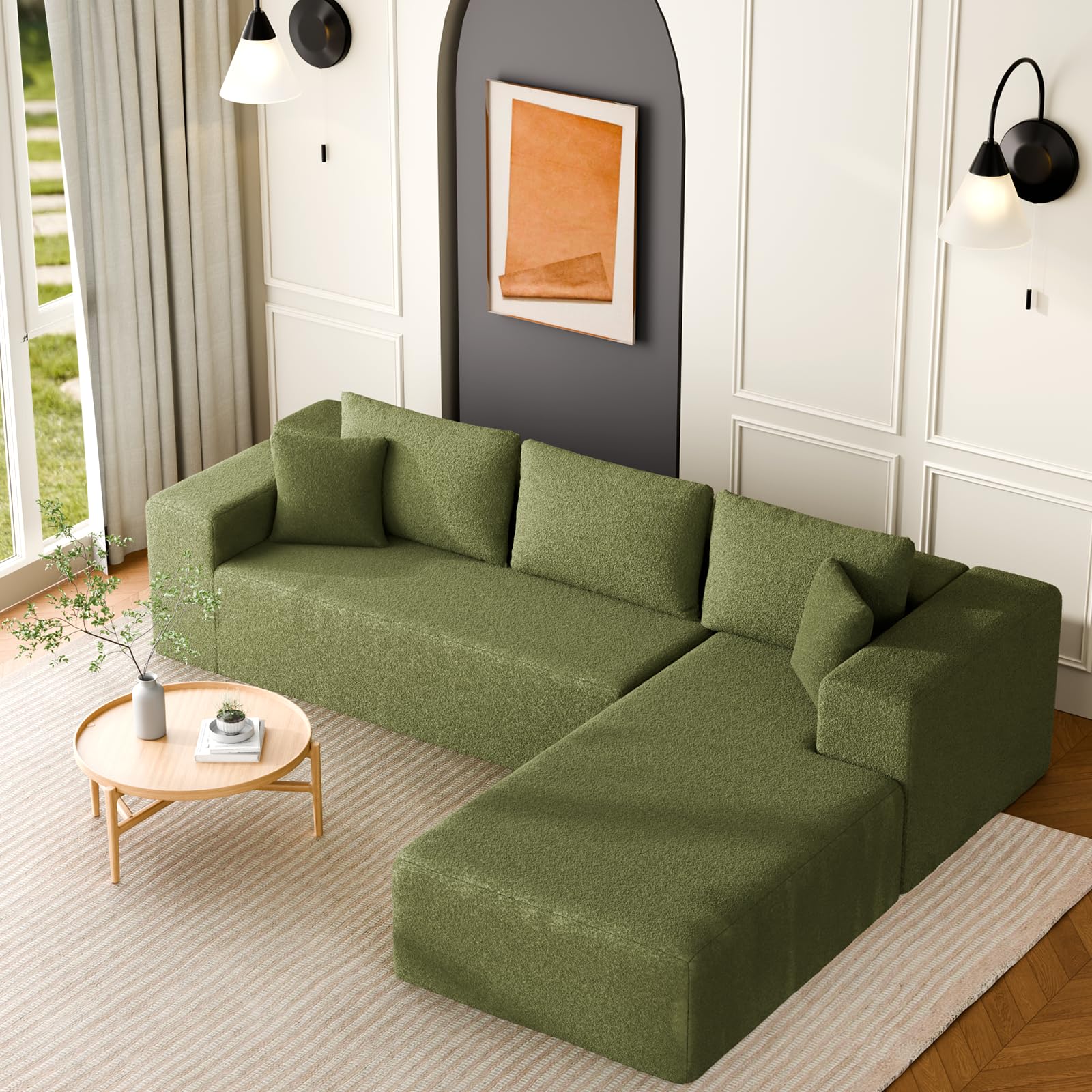 TRUNBACK 106" Modular Sectional Sofa, Green Wool Cloud Couch with Left Chaise, Deep Seat Boneless Floor Sofa for Living Room, High-Resilience Foam