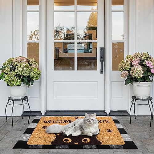 Miniatura 6 de XEFINAL Felpudo de bienvenida campesinos, felpudo negro para puerta de gato blanco y negro, alfombra a cuadros de búfalo negro con gato de imitación