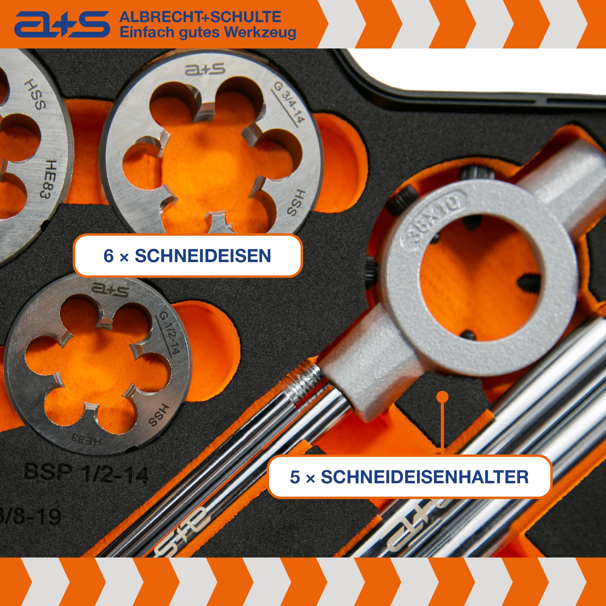 a+s HSS BSP G Rohrgewindeschneider Set | 1/8-1'', 27-tlg. | Gewindeschneider Set Zoll | Whitworth Rohrgewinde