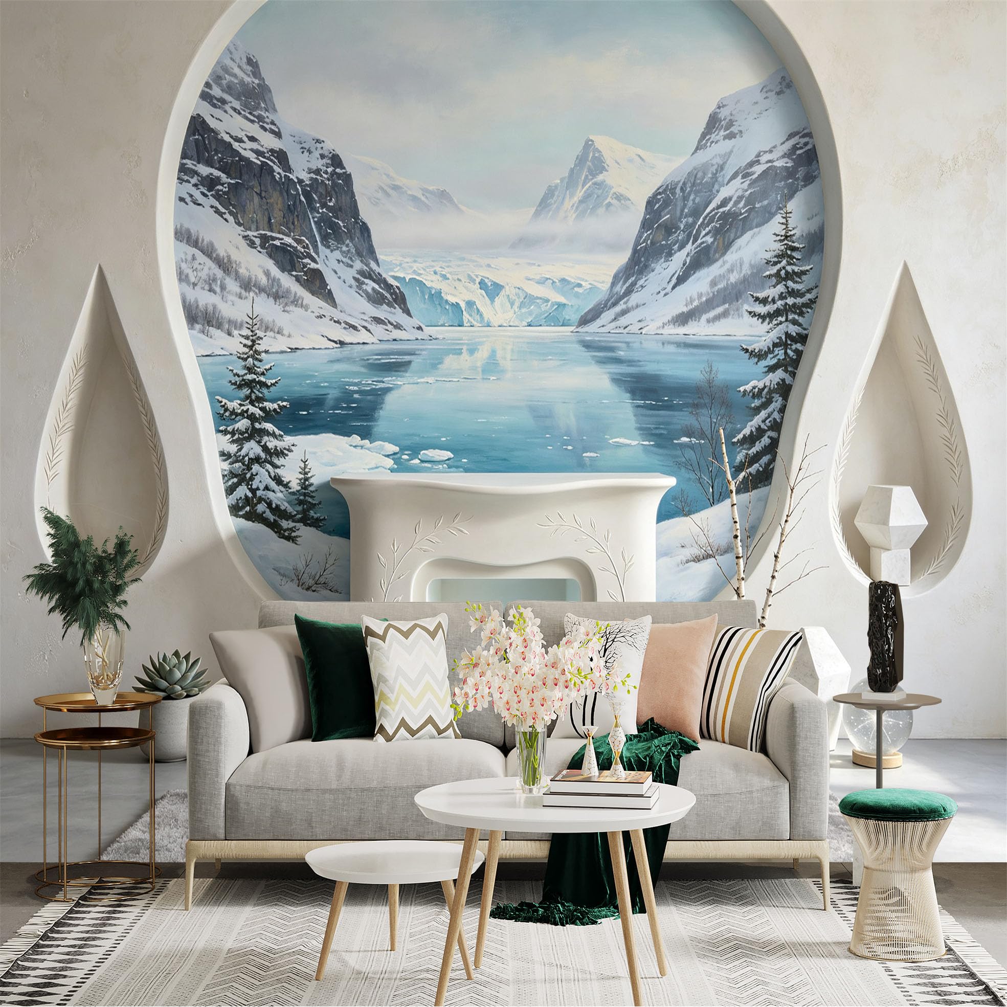 Lnzczhyre Bh260719401 Custom Size Wall Sticker Mural， Snowy Mountain Peaks， Frozen Lake Scenery， Winter Landscape， For Wall Decoration， Peelandstick Wall Decals.