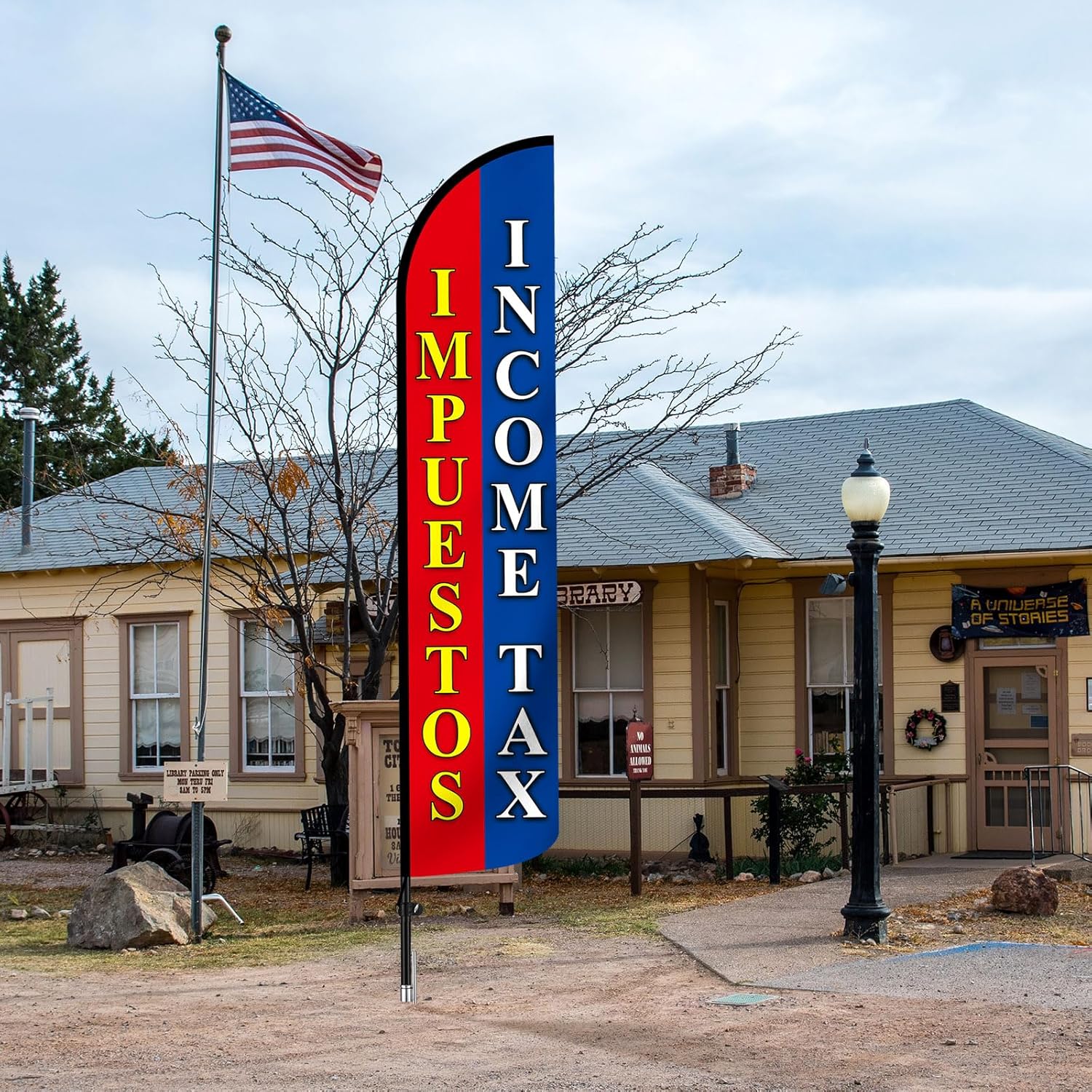 2.5 x 12 ft Impuestos Income Tax Feather Flag Only - Windless Single-sided Printing Feather Flag Outdoor Business Advertising Banner, NO POLE (Red and Blue) - Image 5