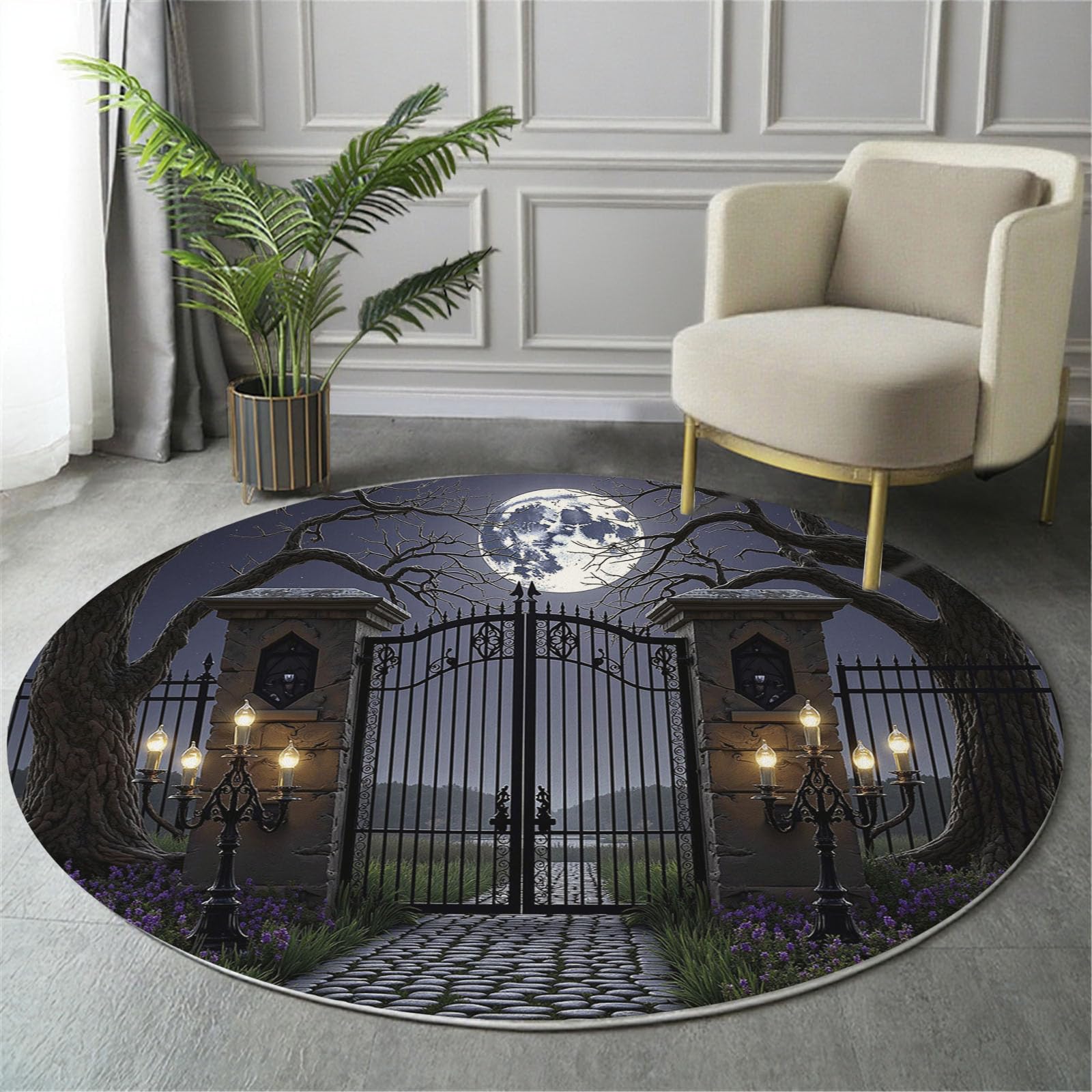 Tapis Rond Imprimé Porte en Fer Lune, Mystérieux Gothique Antidérapant Décoration Bleu Foncé Tapis de Sol, pour Chambre d'enfant Salle de Jeux Salon Chambre Cuisine Balcon 120cm
